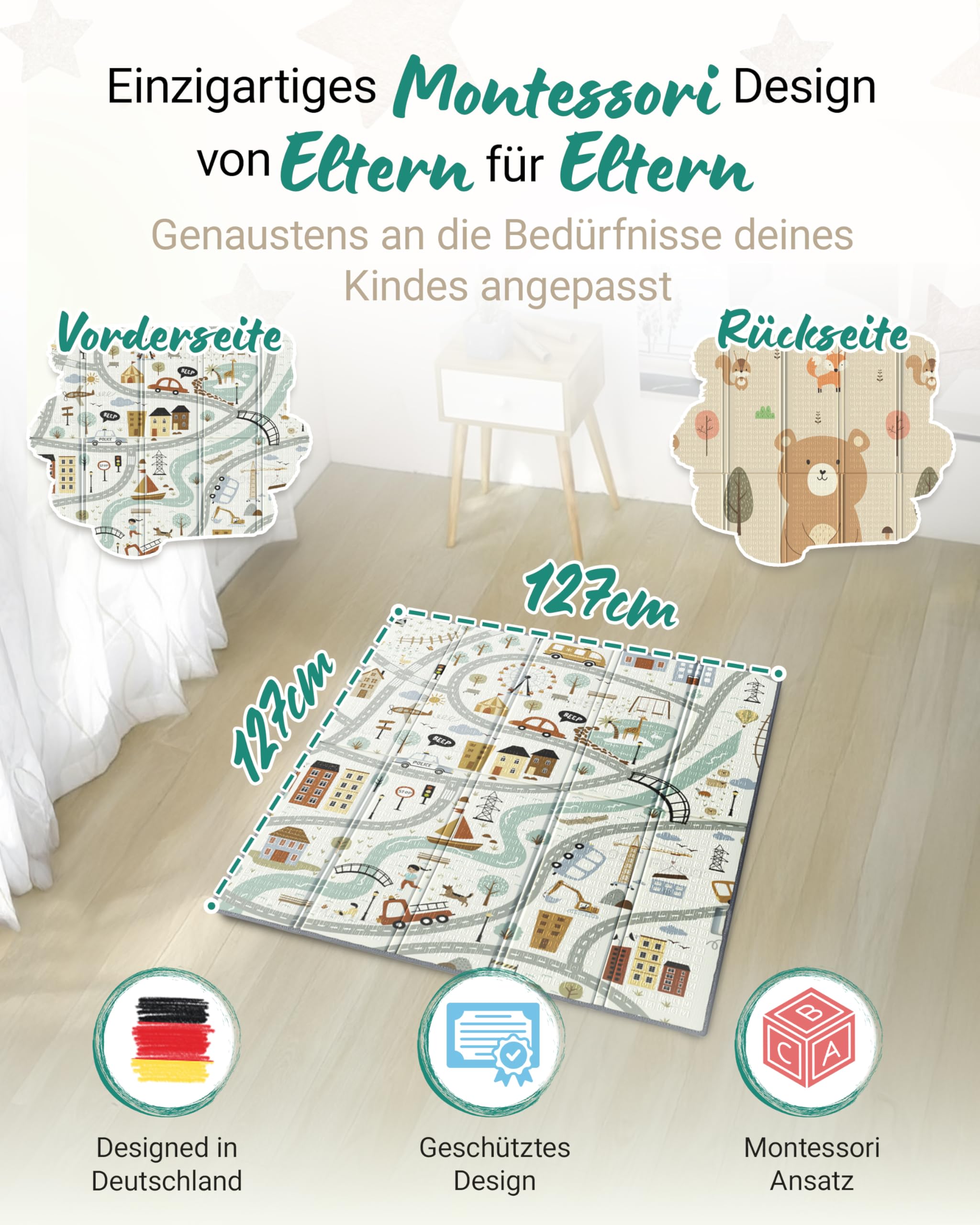 RAWVEL Krabbelmatte baby faltbar [127x127cm / 1cm Dick] Spielmatte Baby faltbar [100% BPA-Frei] Spielmatte Kinder Playmat krabbeldecke Doppelseitig | 2-in-1 Montessori Design | + Tragetasche
