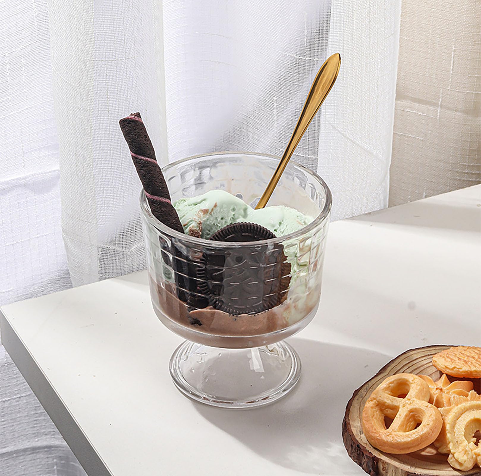 Nexboraque 6 Stück Dessertbecher aus Glas mit Fuß, 284 ml, Eisbecher, Kristall, Vintage, Trifle-Becher mit schwerem Boden für Eisbecher, Eis, Obst, Parfait, Snack