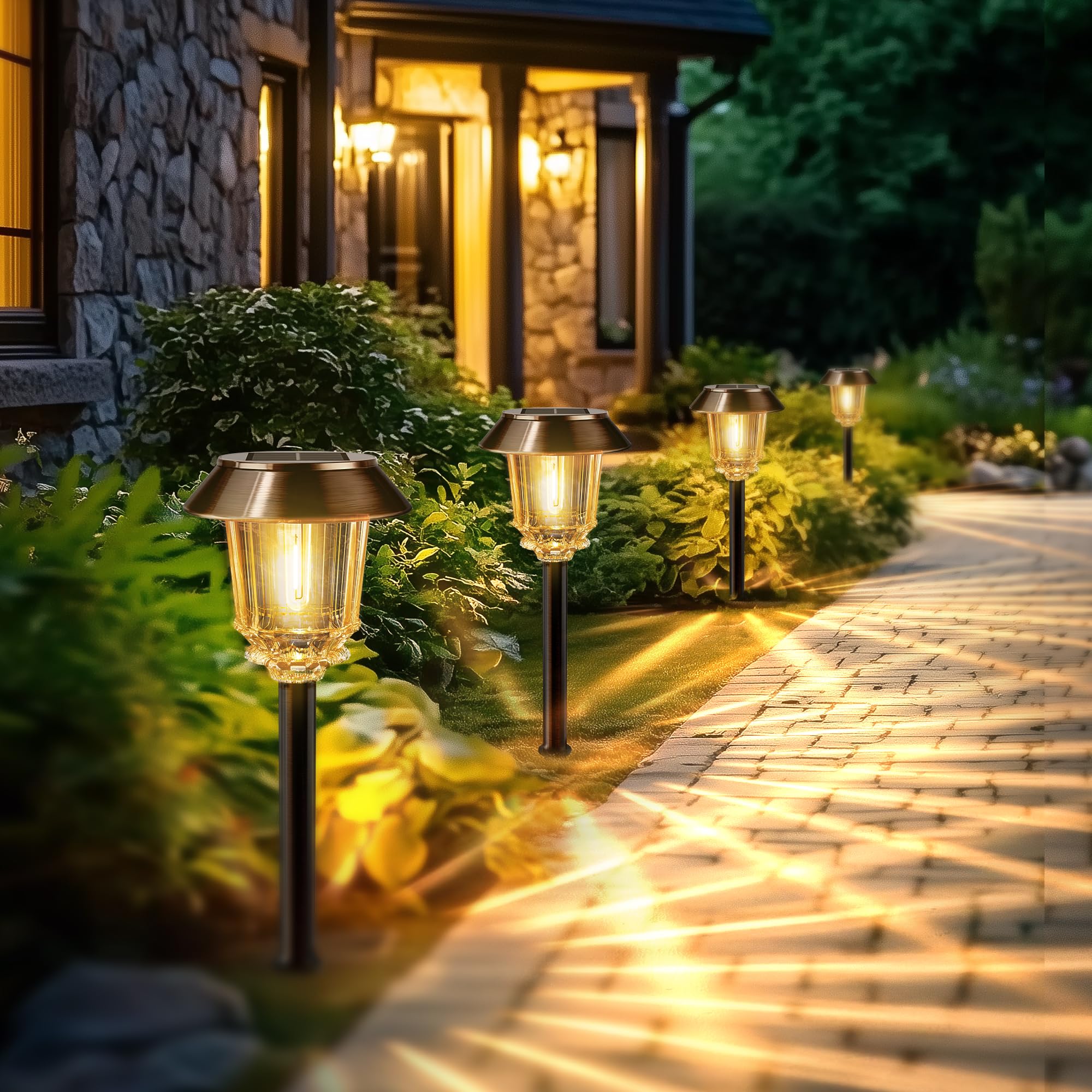 Solarleuchten für den Außenbereich, 4 Stück, bronzefarbene Solar-Gartenleuchten mit 10–40 lm, dimmbares Glas und Metall, wasserdichte Solar-Wegleuchten für Hof, Terrasse, Proch, Weg, Gehweg