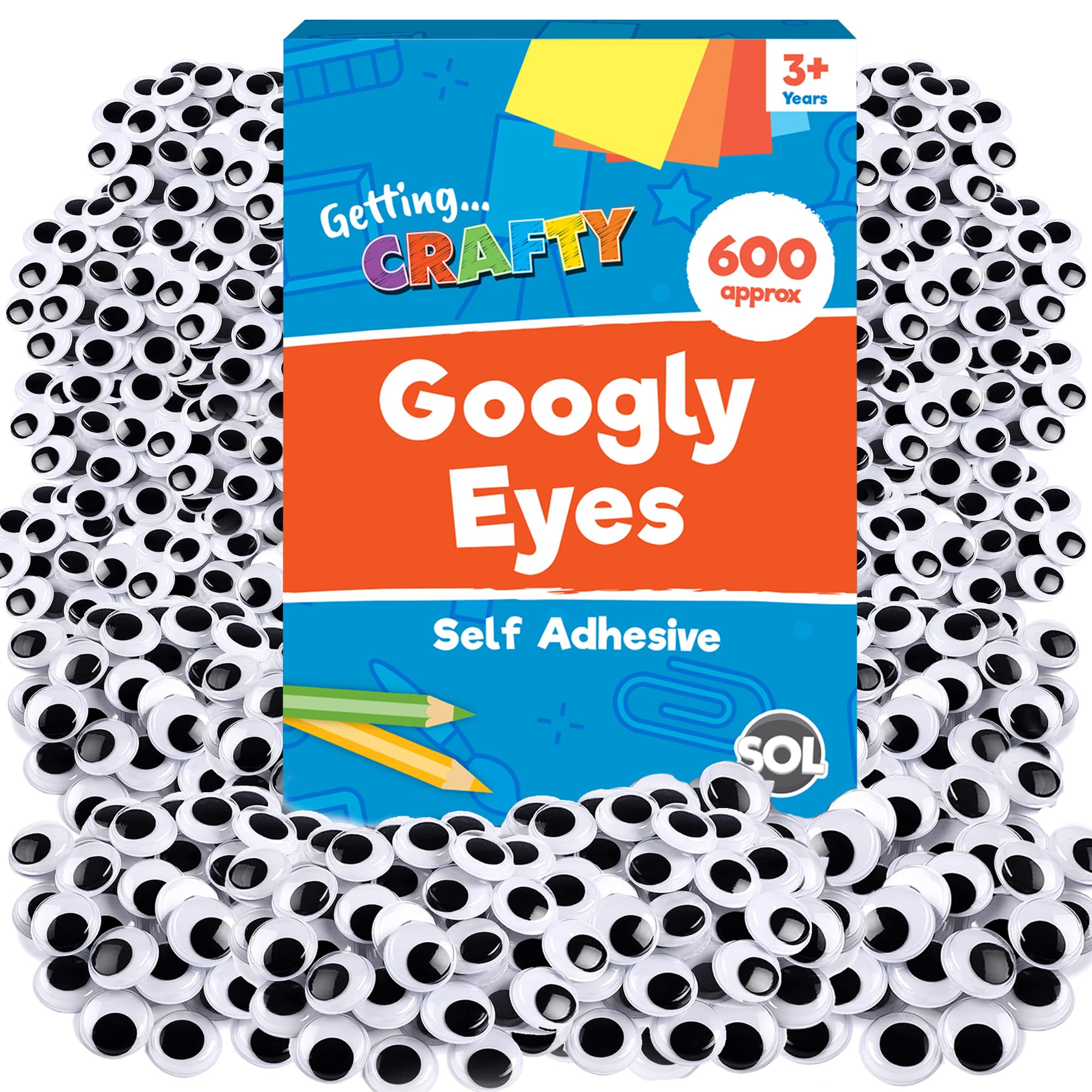 SOL600pk Googly Eyes Self Adhesive - 3 x 200pk Small & Medium Googly Eyes for Crafting | Google Eyes for Children DIY Art | Goggly Stick On Eyes for Crafts Googly Eyes Large | Stick On Googley Eyes