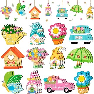Spring Flower Wooden Ornaments: 36 Pcs Spring Tree Ornament Flower Gnome Hanging Wood Decorations for Party Home Tree Decor