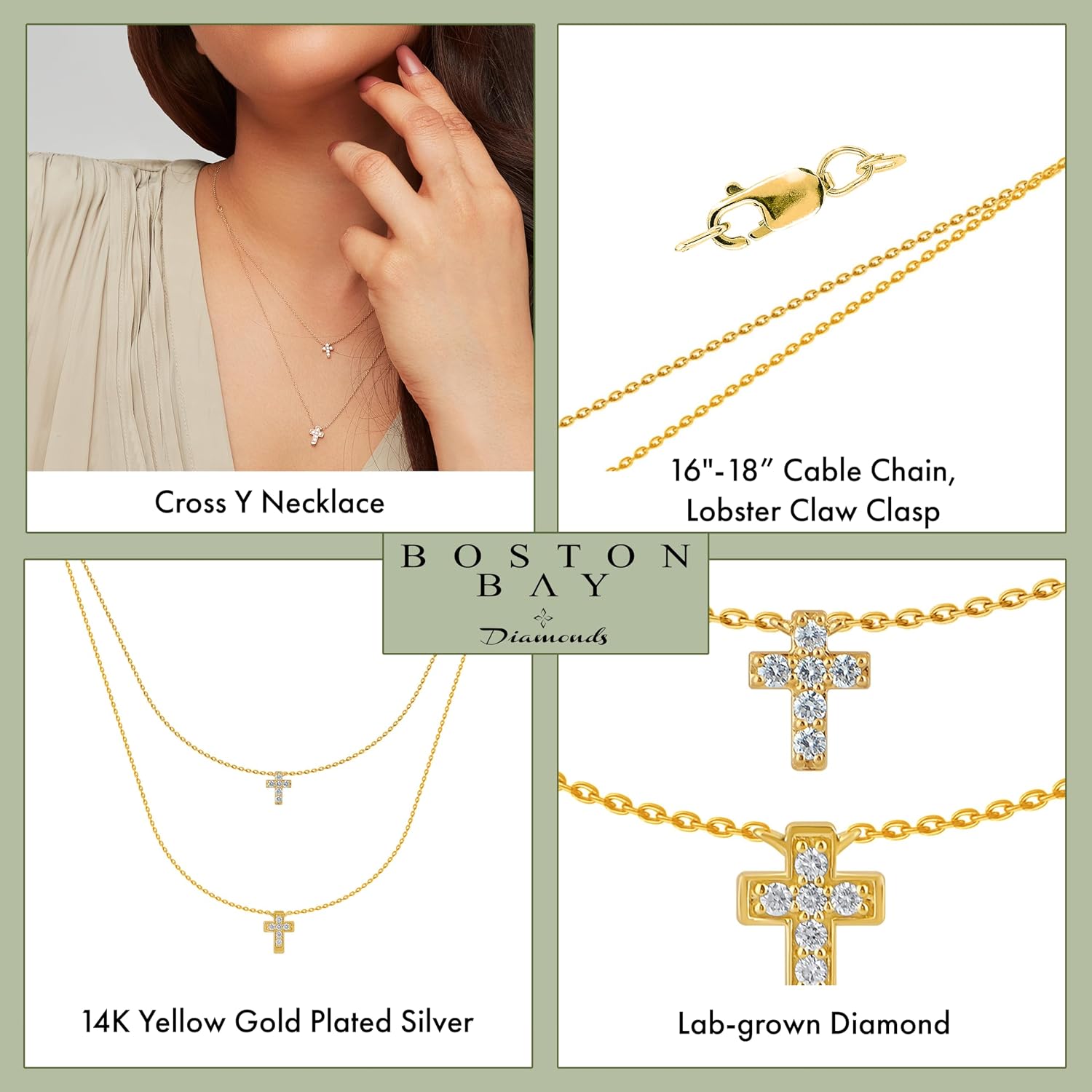 Boston Bay Diamonds 14K Yellow Gold Plated Sterling Silver 0.15 Cttw Lab Grown Diamond Cross Dainty Y Necklace, Layered Design with Adjustable Chain