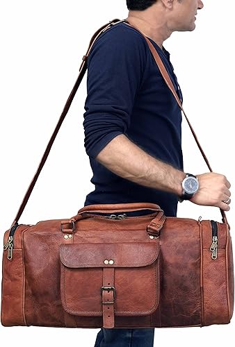 Miniatura 4 de Bolsa de lona de cuero genuino de 22 y 24 pulgadas Bolsa de cuero para viajes durante la noche Bolsa de deporte para gimnasio para hombres