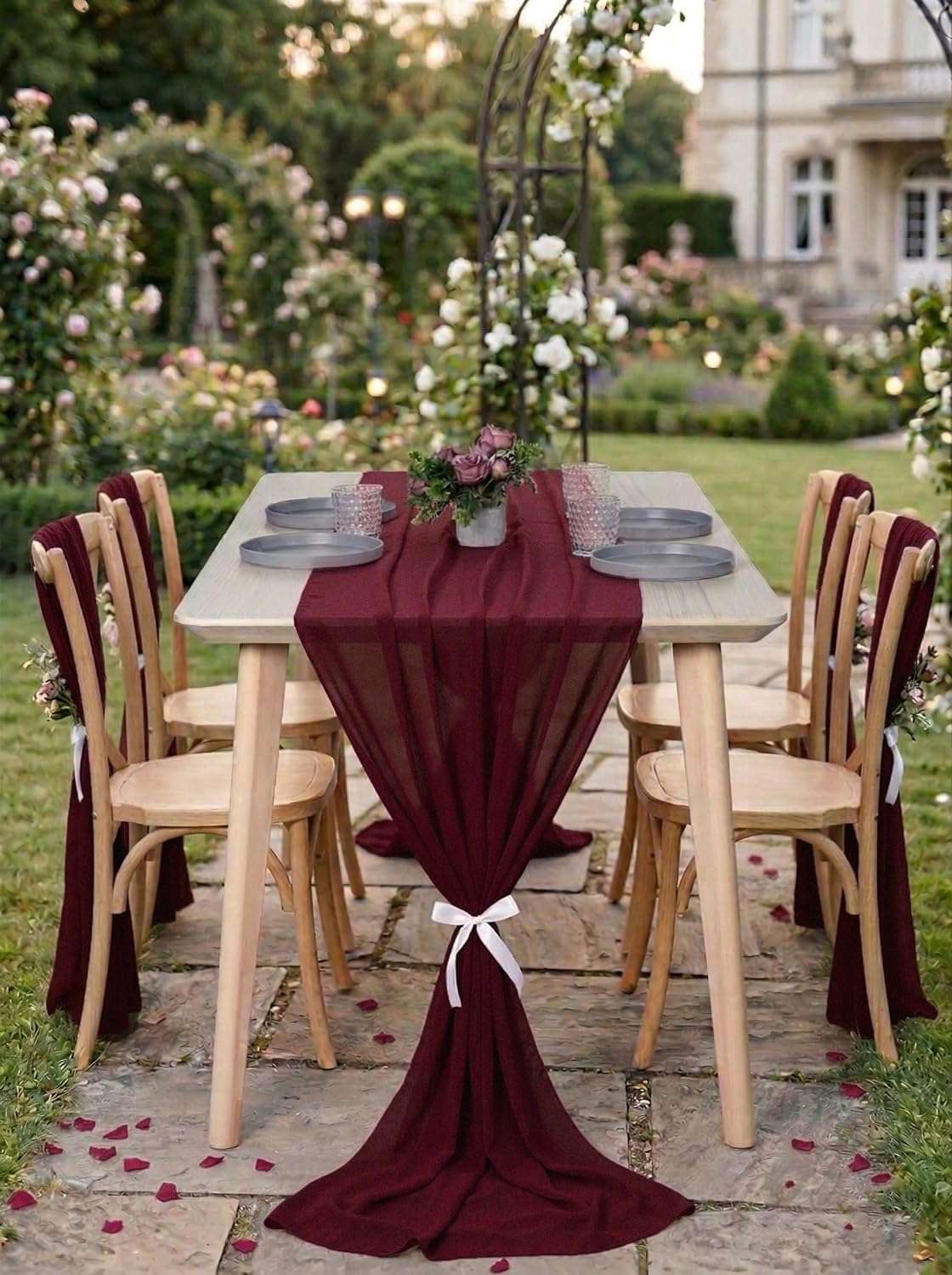 MDS 10 Pack 14ft Chiffon Table Runner 29 x170 Inches Sheer Wedding Runner Romantic Rustic Table Runner for Wedding Decorations, Birthday Parties, Bridal Shower Party Arch Decor - Burgundy