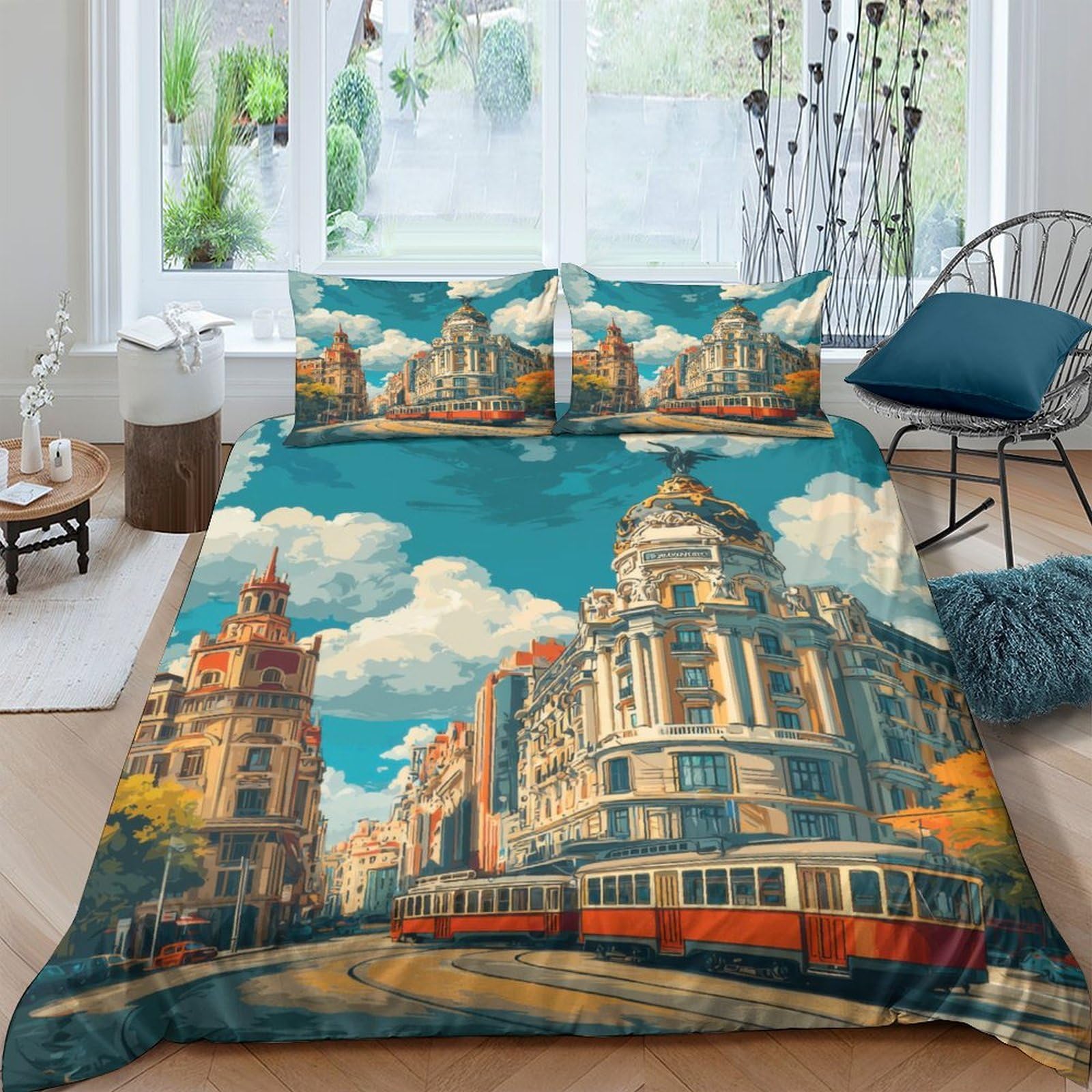 Ctjqhvkz Style-4 3D Printed Cityscape Tram Fitted Sheet Microfiber Soft Urban Architecture Bed Cover For Bedroom Guest Room Decor Single（135X200cm）