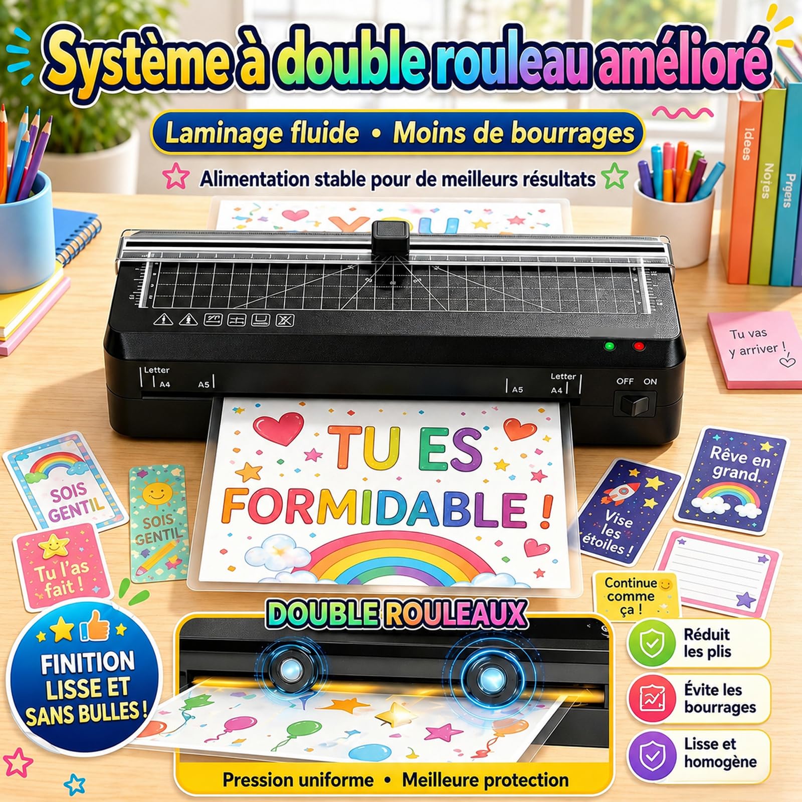 Plastifieuse thermique A4 70S réchauffement rapide coupe-papier intégré portable A5 A6 pochettes maison bureau école