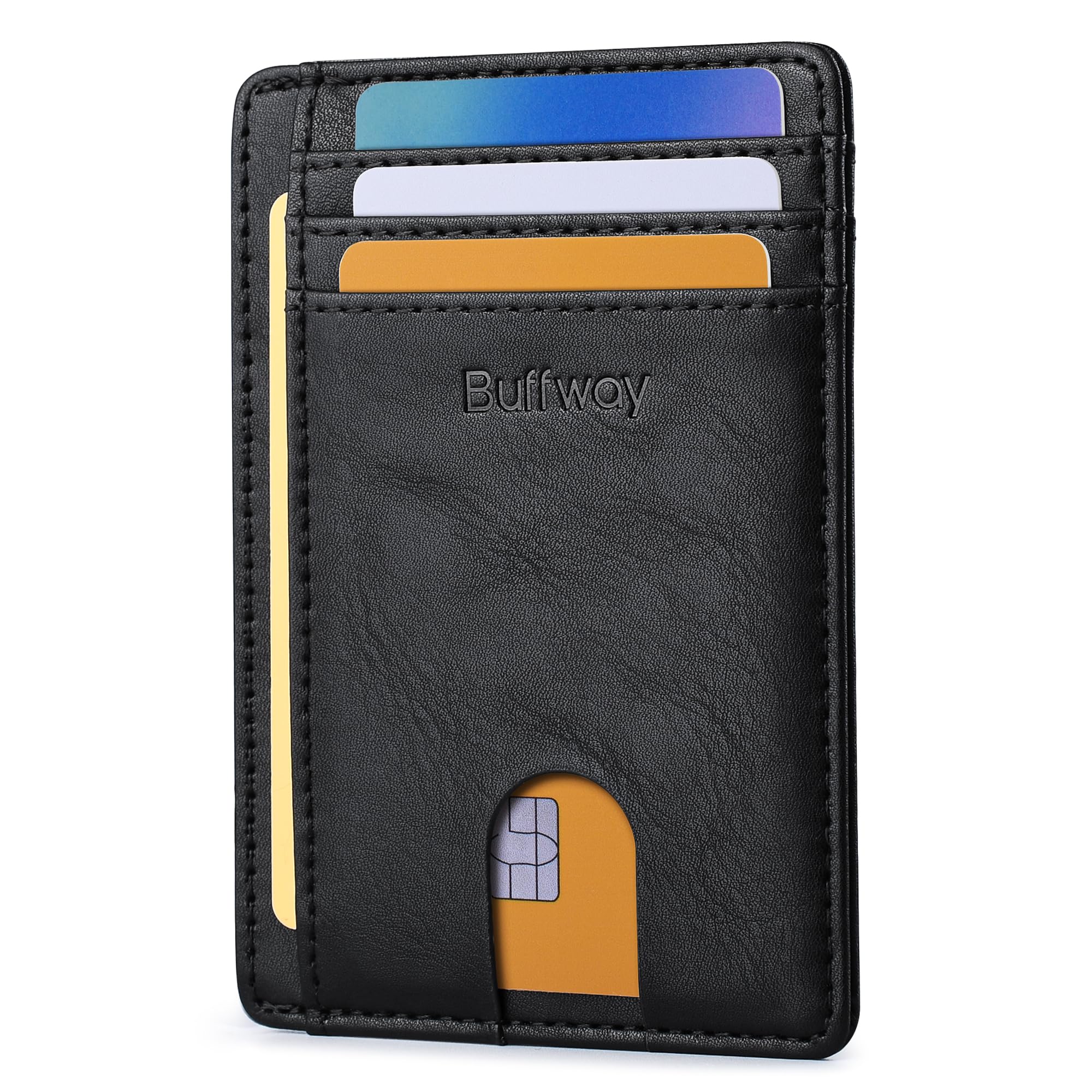 BuffwaySlim Minimalist Front Pocket RFID Blocking Leather Wallets for Men and Women - Slate Black