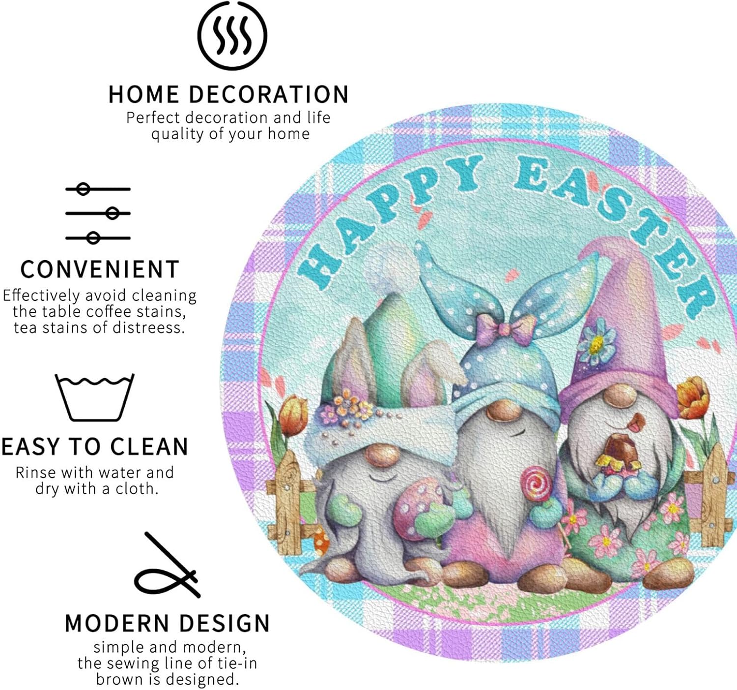 Happy Easter Gnome Cute Funny 6 Pcs Drink Coasters - Leather Coasters Set - Resistant Round Coaster Non-Slip Table Mat - Kitchen Bar Home Decor Housewarming Gift image 3