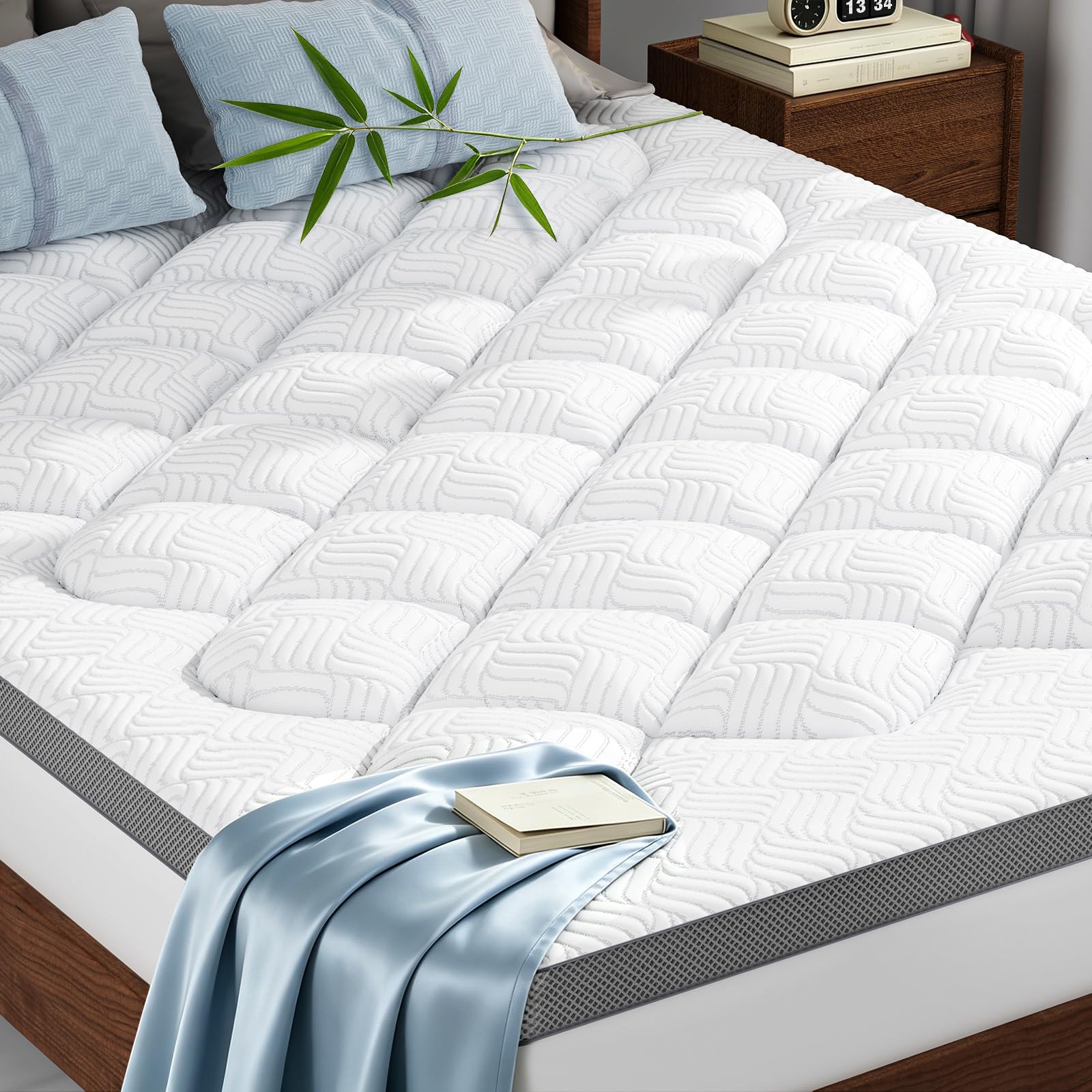 Photo 1 of 3 Inch Extra Thick Queen Size Mattress Topper, Cloud-Like Pillow Top Mattress Pad with Bamboo Viscose & Memory Foam Filling, 18‘’ Deep Pocket Bed Topper, Breathable Air Mesh Sides, White-Gray