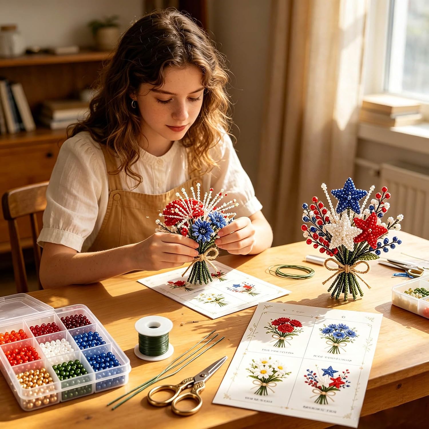 America 250 Beaded Bouquet DIY Kit - 1776-2026 Patriotic 3D Flower Craft Set, Red White Blue Bead Kit for 4th of July & 250th Anniversary Decor (A Set) image 5