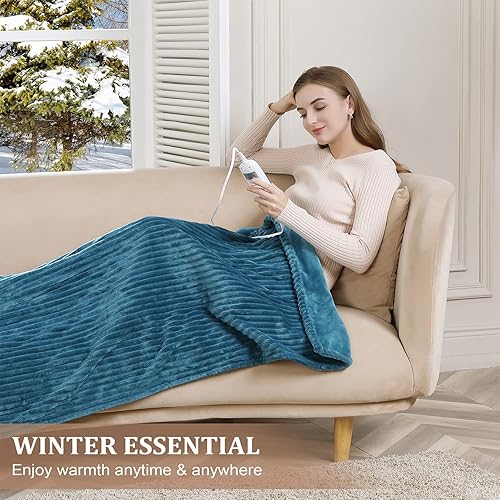 Miniatura 7 de CAROMIO Manta térmica eléctrica de 50 x 60 pulgadas, manta térmica de franela acanalada suave con 6 niveles de calefacción y 8 ajustes de tiempo,