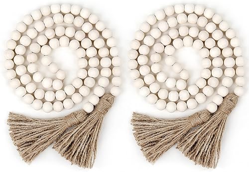 2 cuentas de granja, guirnalda de cuentas de madera de 58 pulgadas con borlas, guirnalda de cuentas bohemias, decoración rústica de campo (natural)