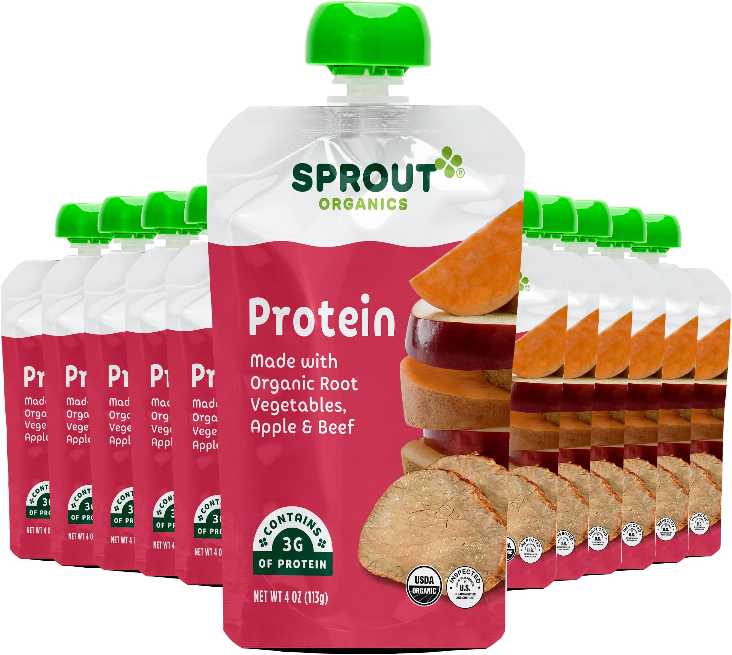 Sprout Organic Baby Food Pouches Stage 3, Organically Sourced Meat Protein, Root Vegetables Apple w/ Beef, 4 Ounce (Pack of 12)