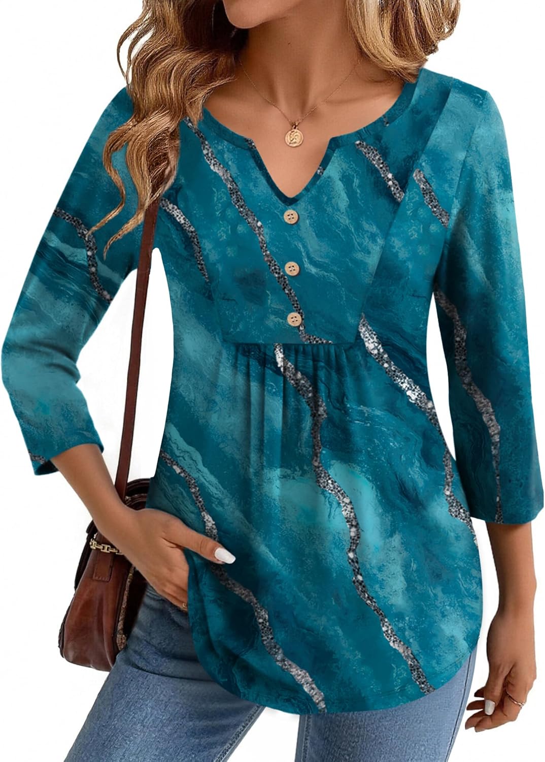 Zeagoo Womens 3/4 Length Sleeve Tops V Neck Dressy Casual T Shirts Pleated Business Work Blouses Basic Tees S-3XL