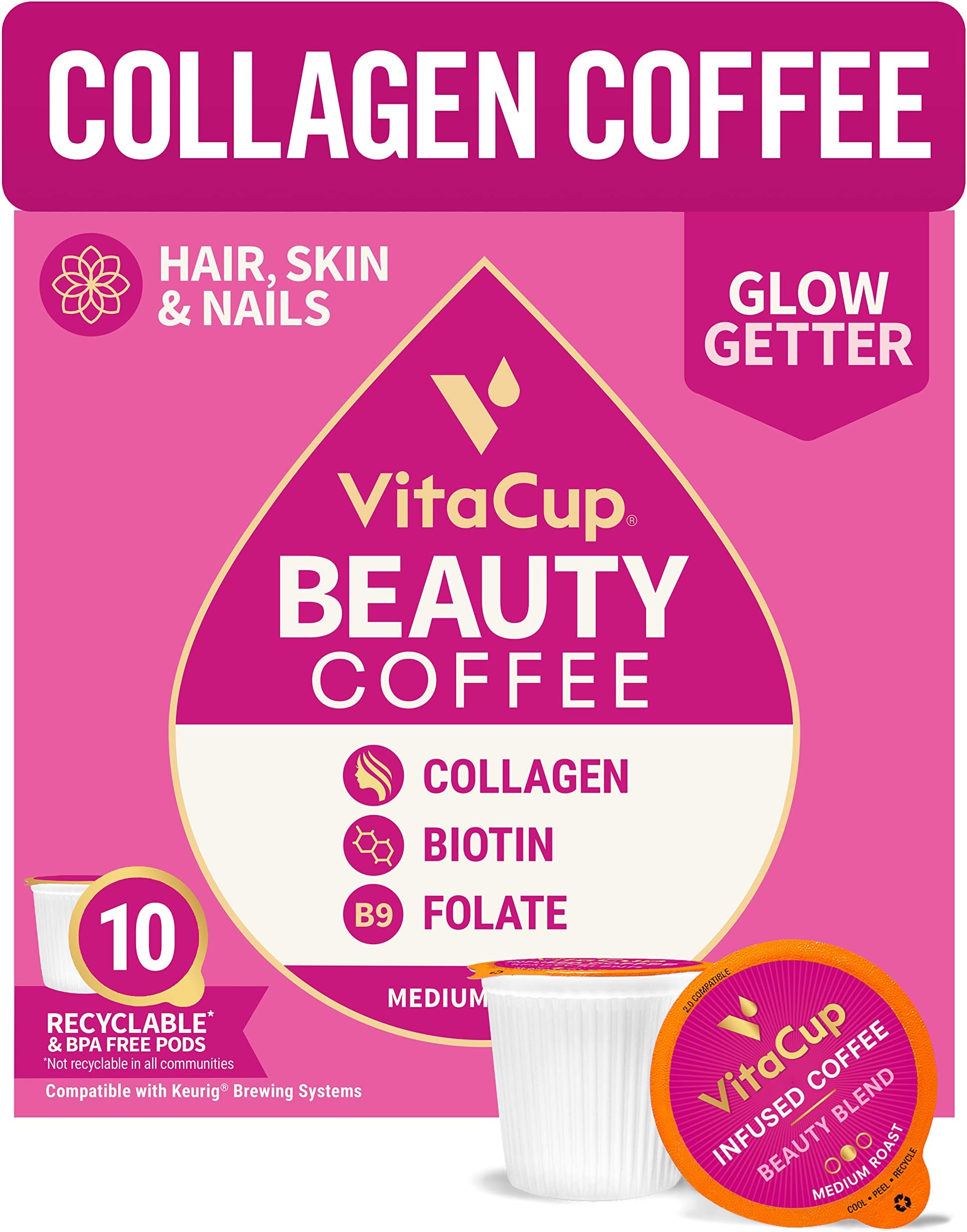 VitaCup Beauty Coffee Pods with Collagen, Cinnamon, Biotin and B Vitamin Infused in Recyclable Single Serve Pod Compatible with K-Cup Brewers Including Keurig 2.0, 10 Count
