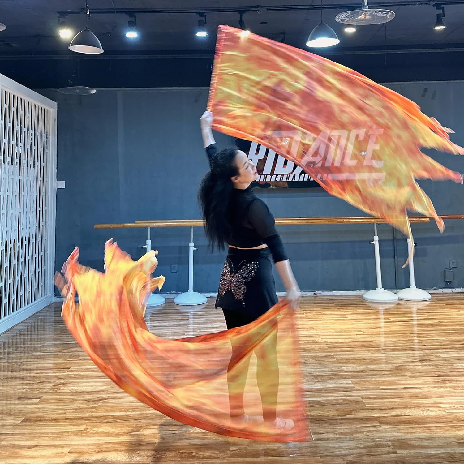 2 pcs Worship Flags for Dance Church with Scalable Rod Praise Flags for Worship Chiffon Dance Banner (Orange-Yellow-Black, 43X67 inch)