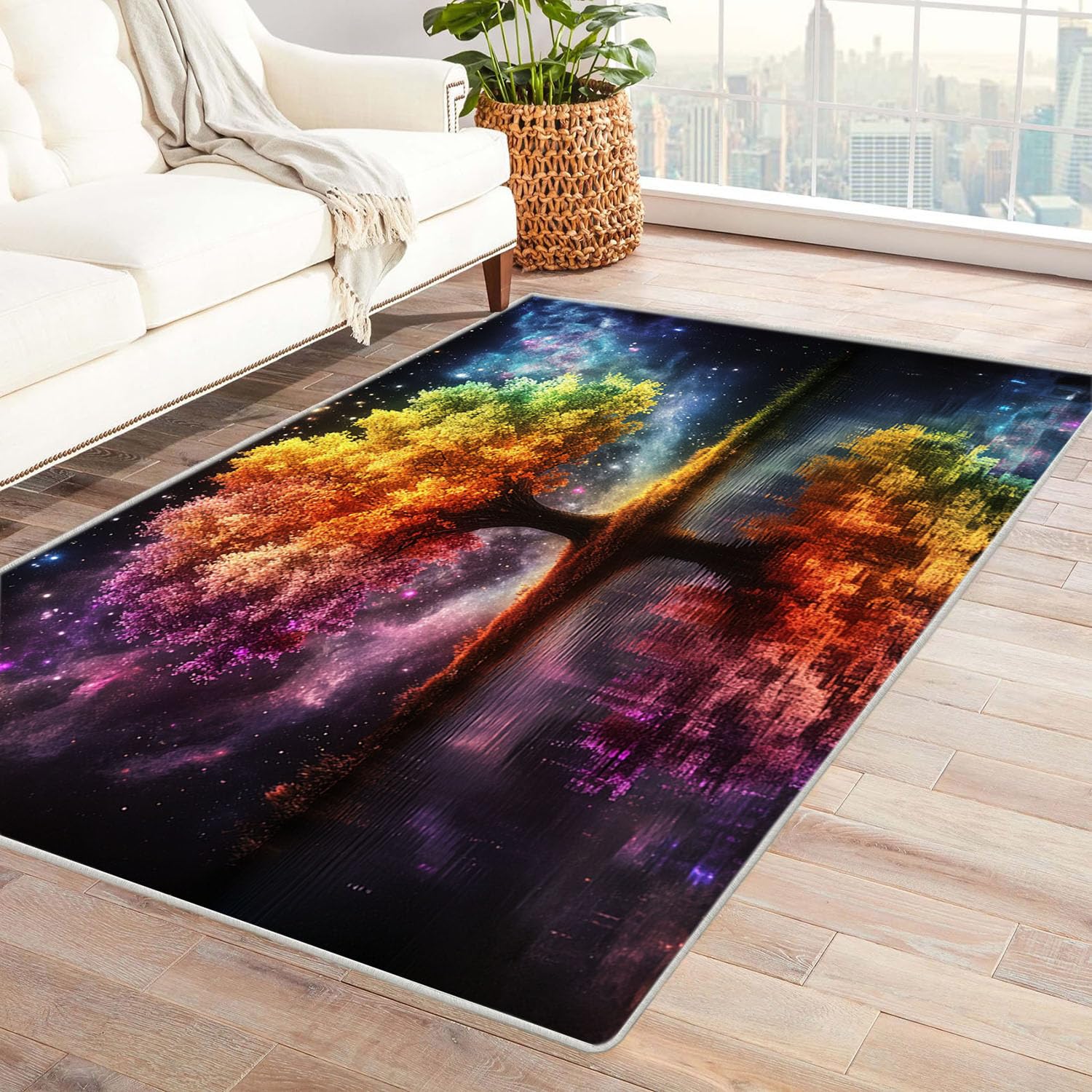 Tapis poil ras imprimé arbre jaune pour salon et salle à manger moderne