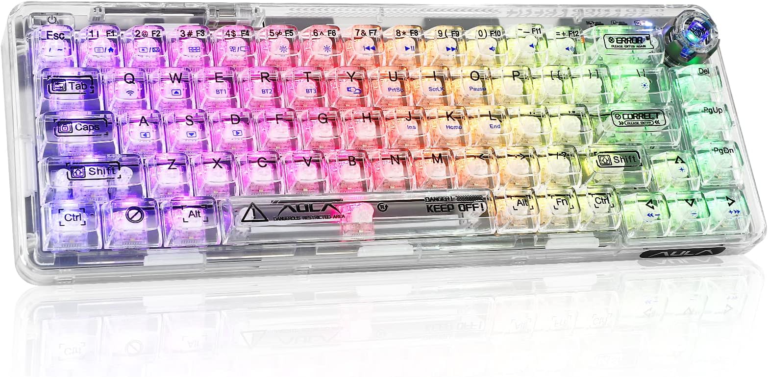 CHICHEN 60% Portable Mechanical Gaming Keyboard,Hot-swappable RGB Backlit Compact 68 Clear Keycaps,2.4Ghz Wireless/Bluetooth/USB-C,Transparent Gasket Ice Crystal Switch (Transparent White)