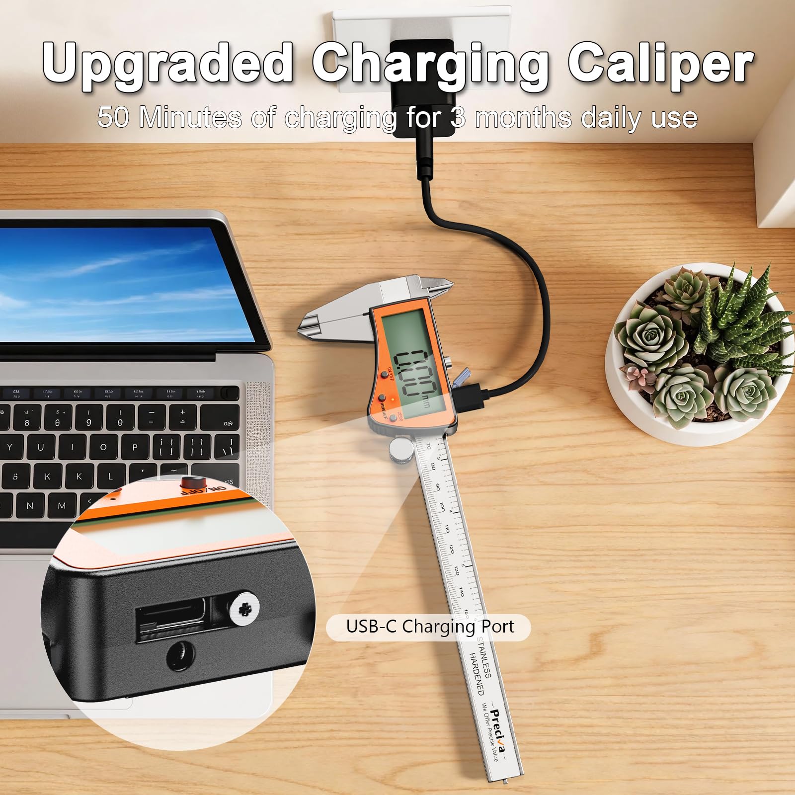Preciva Calibrador digital recargable, micrómetro de acero inoxidable de pantalla grande con protección IP54