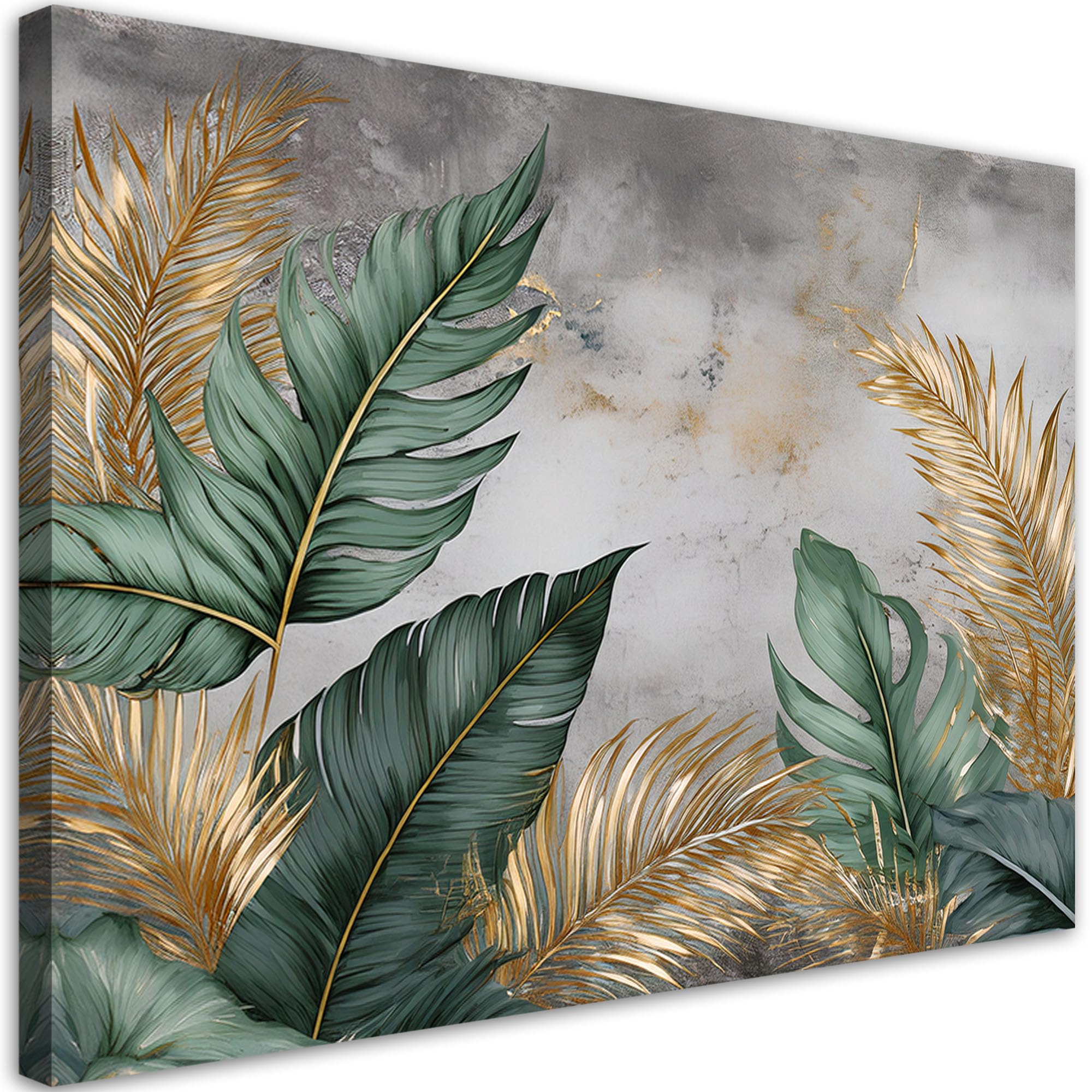 Feeby Viles - Leinwand Bilder - Goldene und Grüne Blätter - 120x80 cm - Deko Wohnzimmer - Wandbilder Schlafzimmer - Deko Aesthetic - Wand Deko - Leinwand Groß - Deko Zimmer - Leinwandbilder XXL