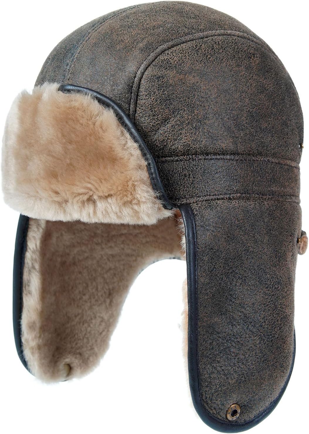 Harssidanzar Aviator Trapper Hat for Men Women Sheepskin Shearling Leather Fur Winter Warm Hat CU610US
