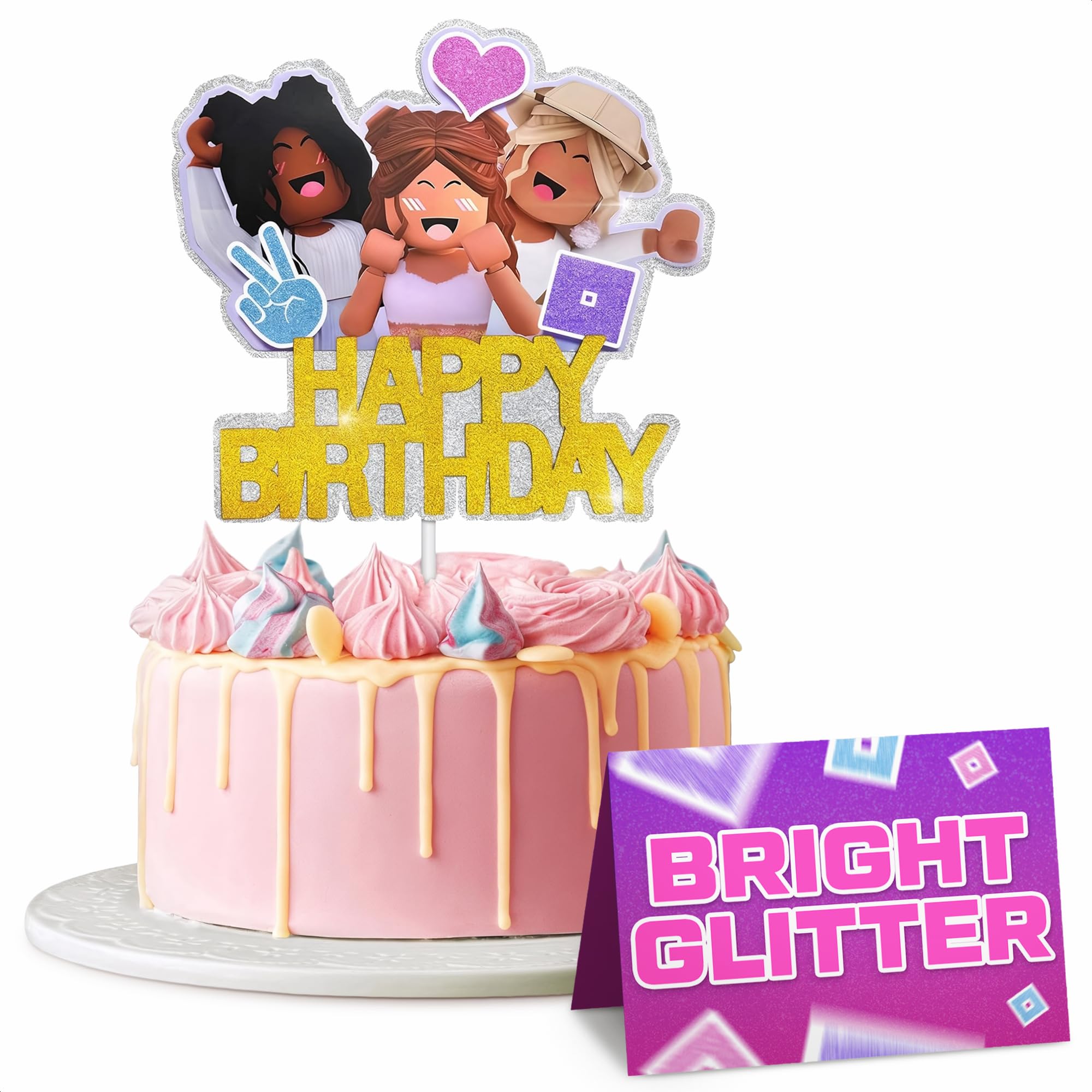 Happy Birthday Cake Toppers for Women – Vibrant & Glittery Gamer Cake Topper Decorations with Sturdy Cardboard – Easy-to-Install, Adjustable Women