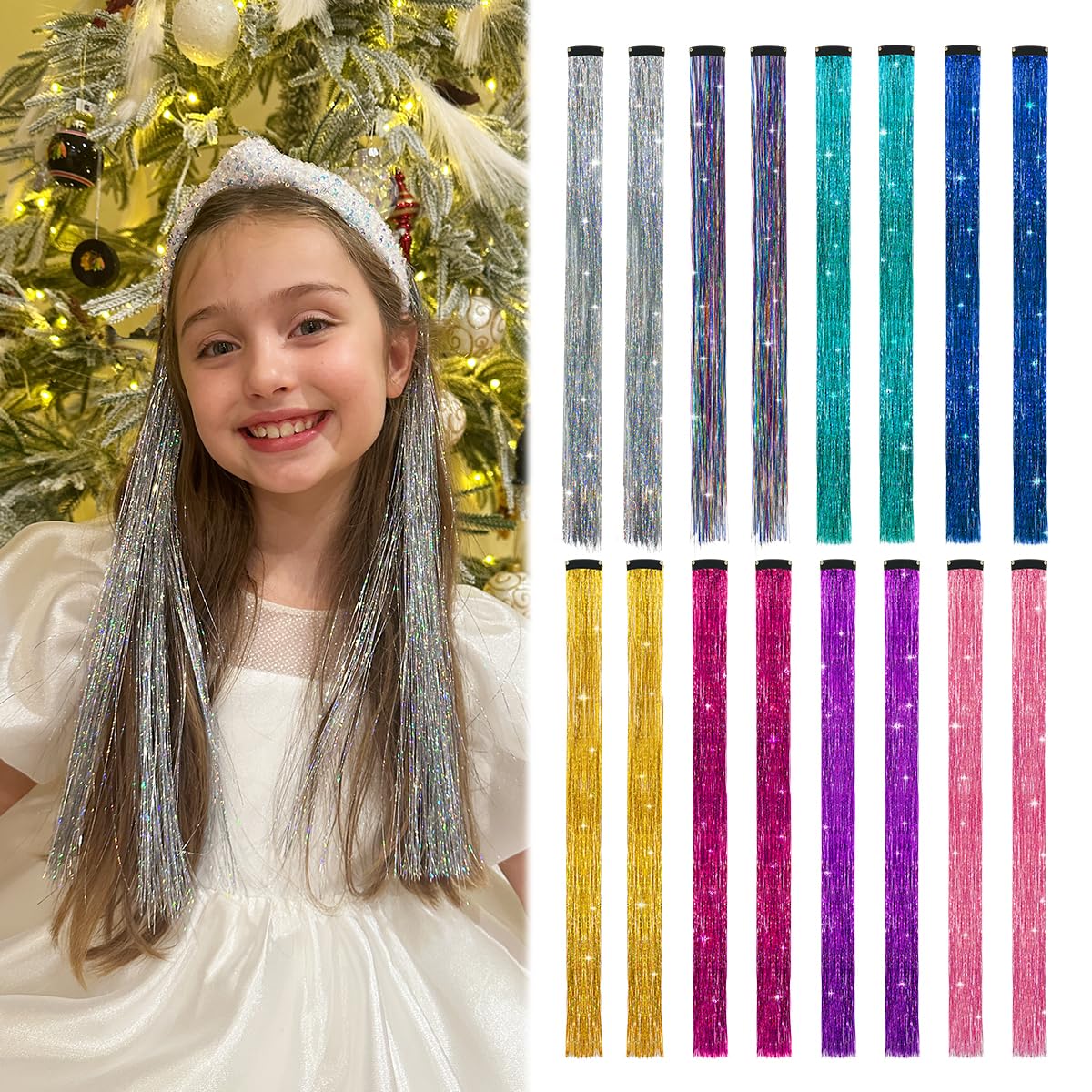 MYKURS Hair Tinsel Clip ins, Glitter Hair Strands for Kids Party Crazy Hair Day, Fair Hair Tinsel Extensions, 16 PCS