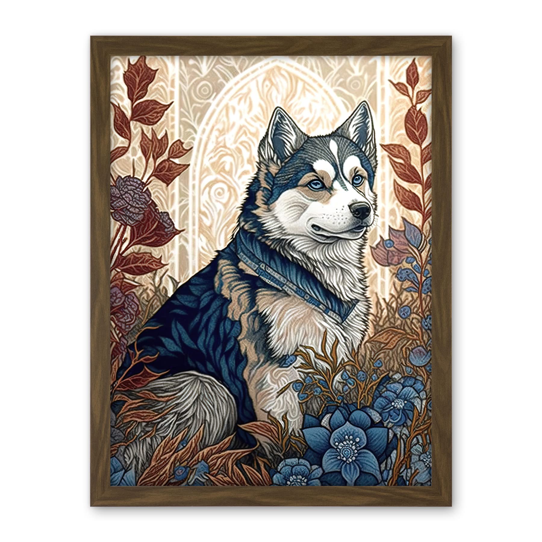Artery8 Siberian Husky Dog in Autumn Flower Field Modern Art Nouveau Illustration Artwork Framed Wall Art Print 18X24 Inch