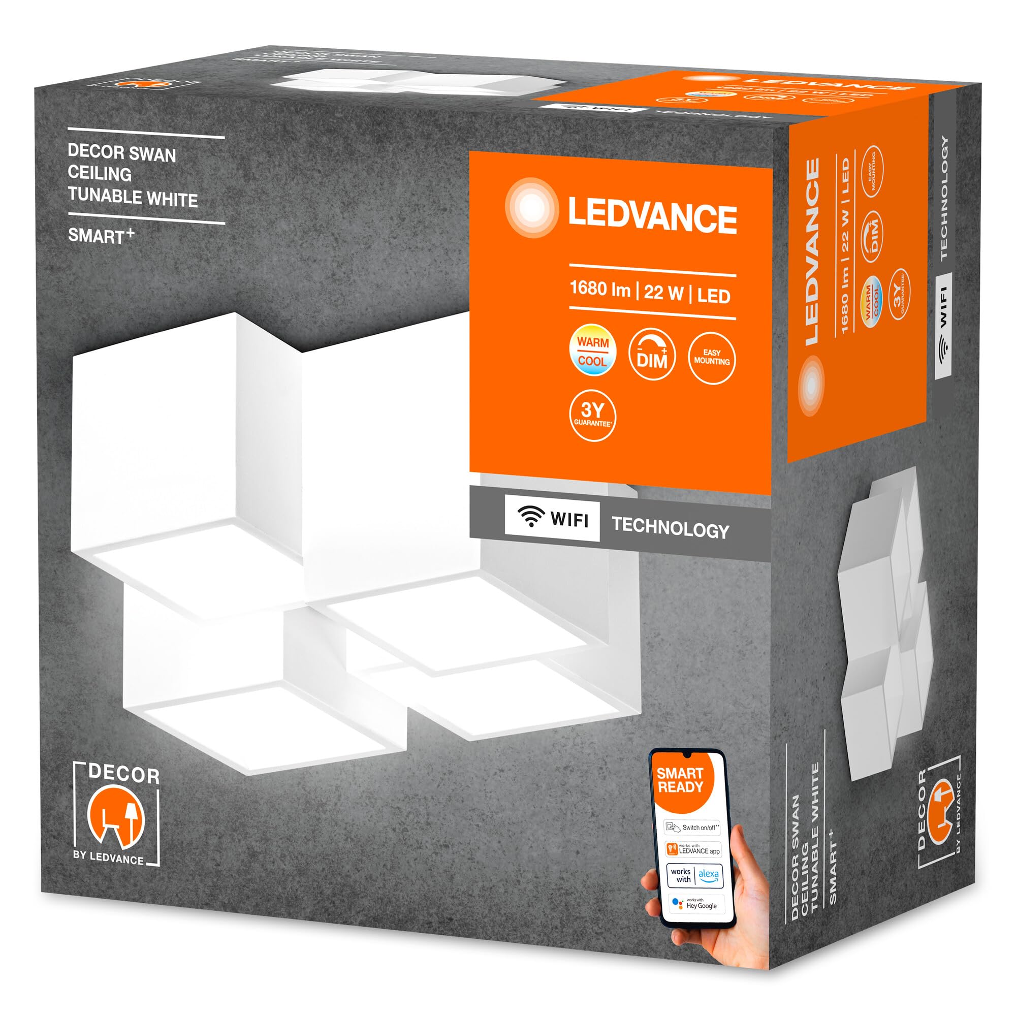 LEDVANCE SMART+ DECOR Swan plafoniera WiFi, bianca, 22W, 1680lm, luce bianca regolabile 3000-6500K, DIM, luce verso l'alto e il basso, controllabile tramite app, compatibile con Amazon, Google