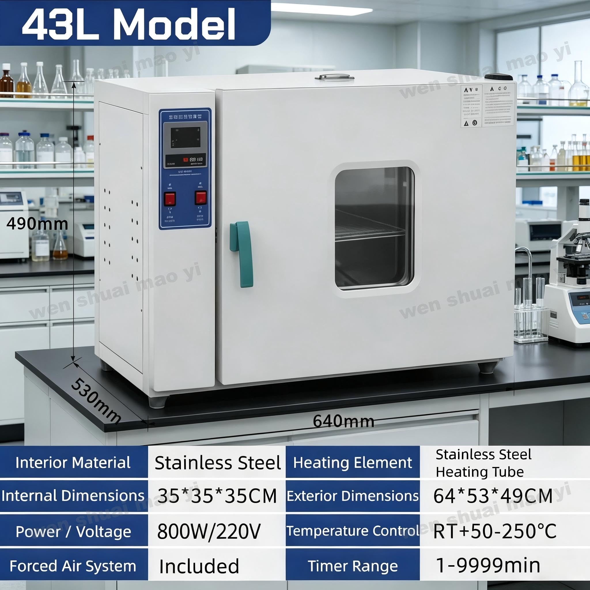 Horno de Secado por Convección de Aire Forzado (43l) | Estufa De Secado Inteligente con Pantalla Digital | Control PID 50‑250°C, Temporizador 1‑9999min, Acero Inoxidable