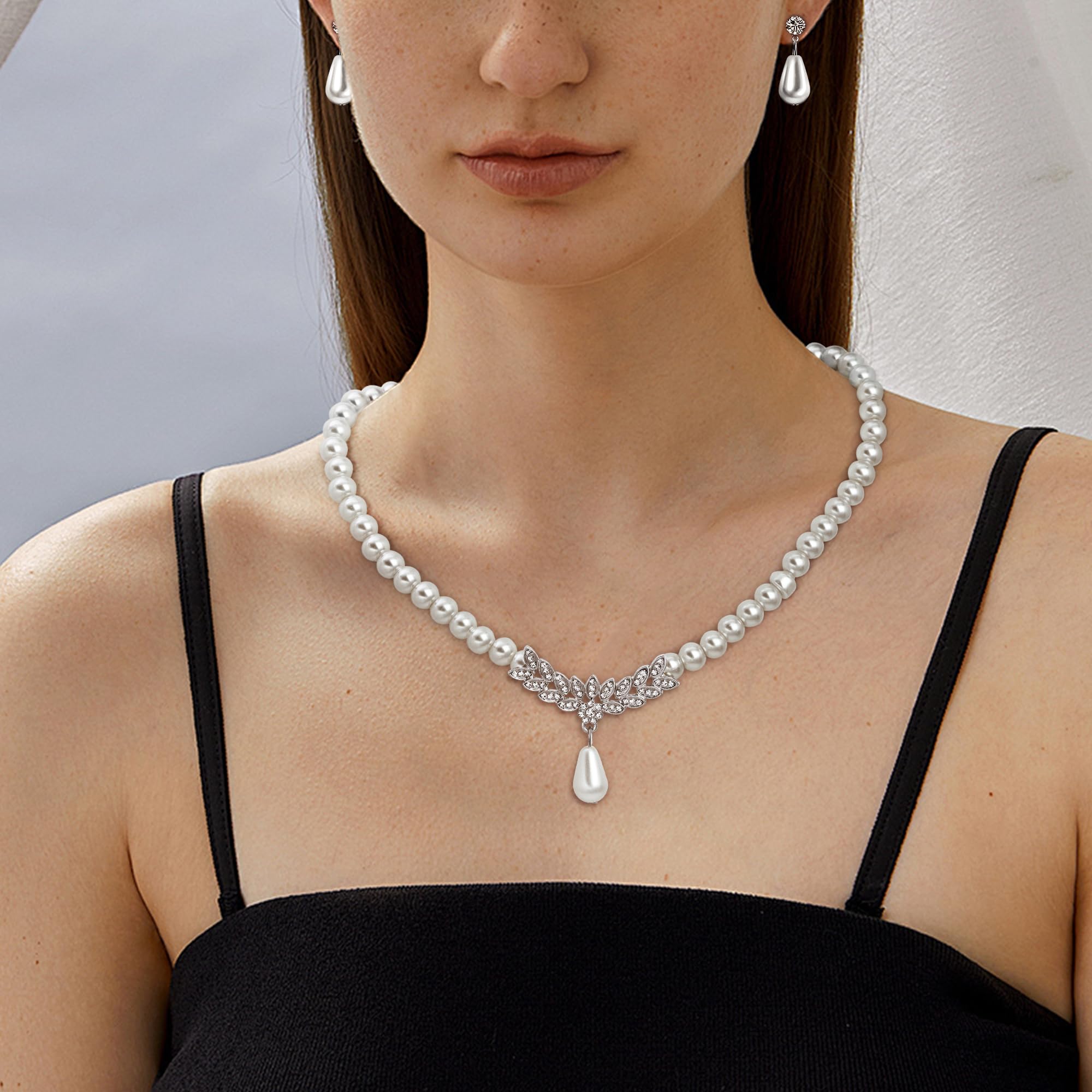 conjuntos de joyería de perlas para las mujeres, collar de perlas de imitación y pendientes de pulsera conjunto de capas collar de perlas de 1920 Joyería de la boda de Juegos