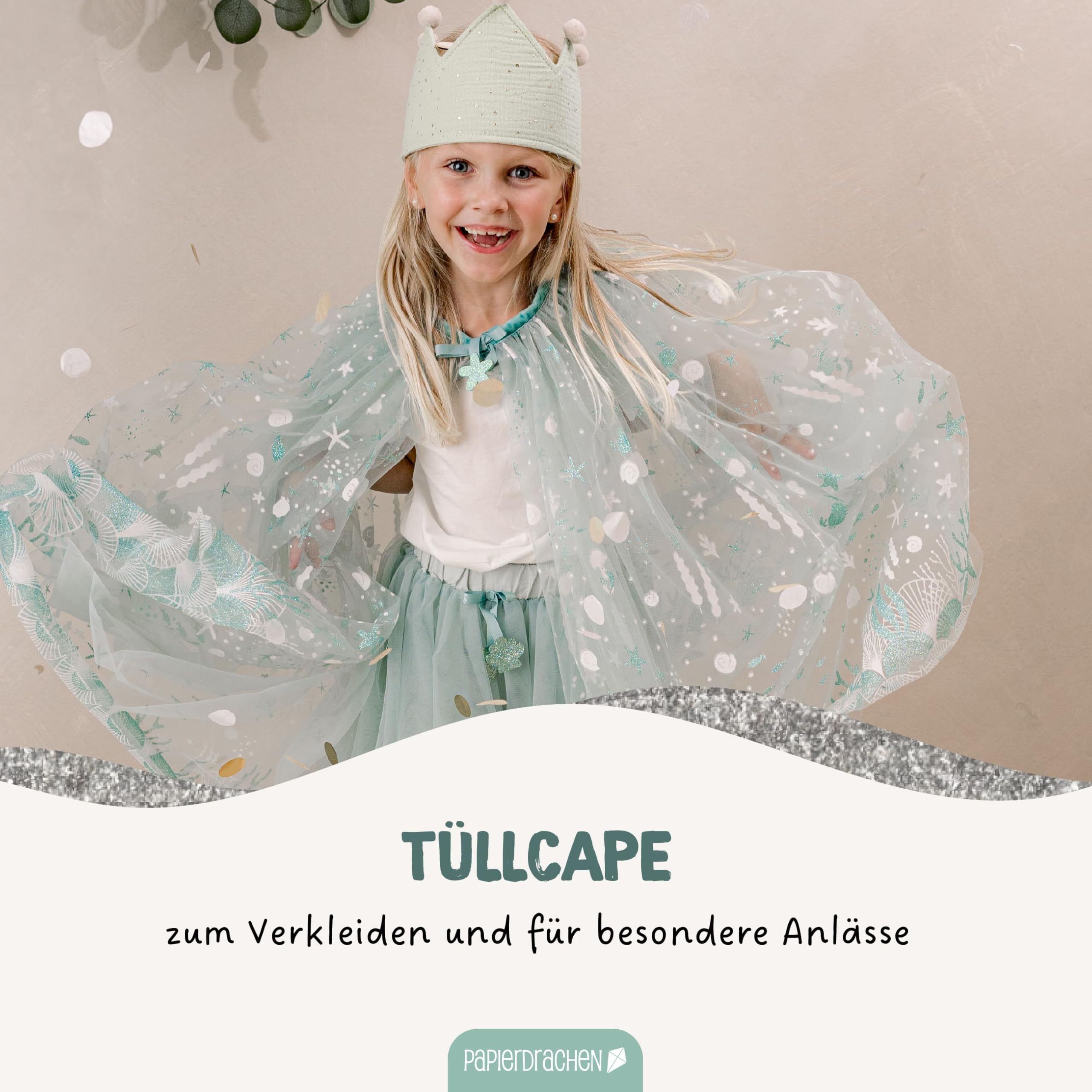 Papierdrachen Tulle Cape - Mint - with Sea Creatures - Glittering - Fancy Dress - Cape - Children's Costume - One Size - Set 04 - Image 2
