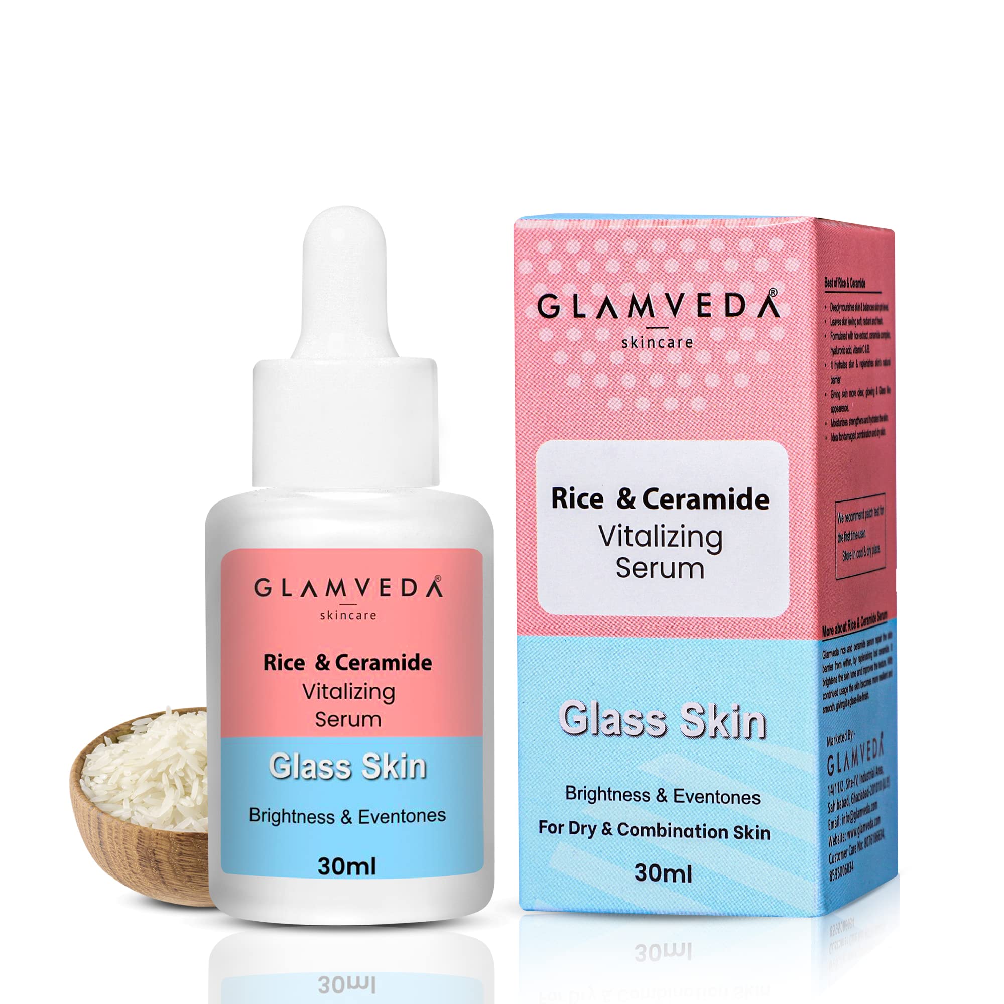 GLAMVEDARice Water & Ceramide Vitalizing Serum Skin Barrier Building & Nourishing | Glass like appearence | For Dry, Sensitive & Combination skin | No Paraben, Sls | 30ml