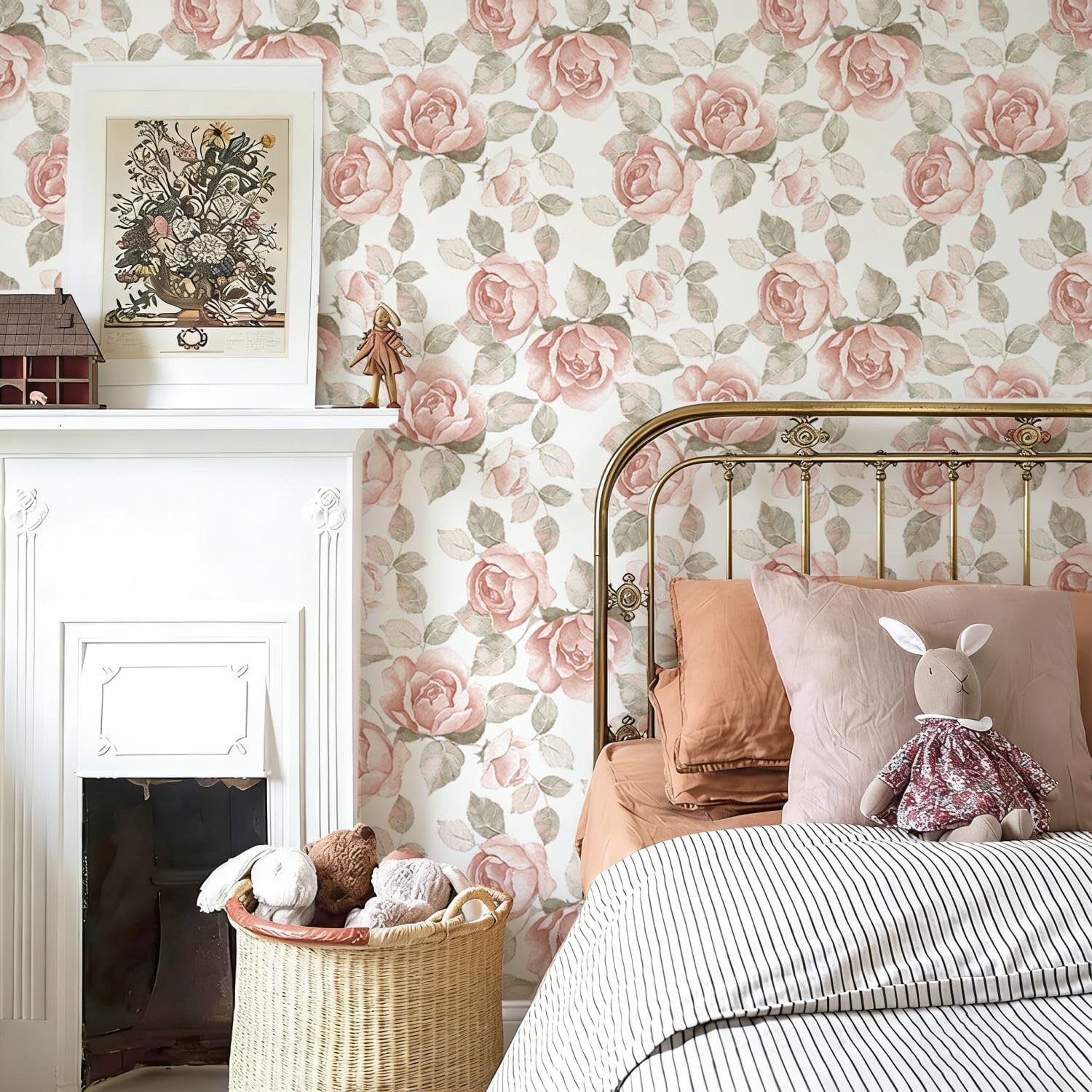 Heroad 16.1''x118'' Peel and Stick Wallpaper Pink Floral Contact Paper Vintage Rose Wall Paper Removable Girls Wallpaper Waterproof for Bathroom Bedroom Living Room Cubicle Decor Vinyl Roll