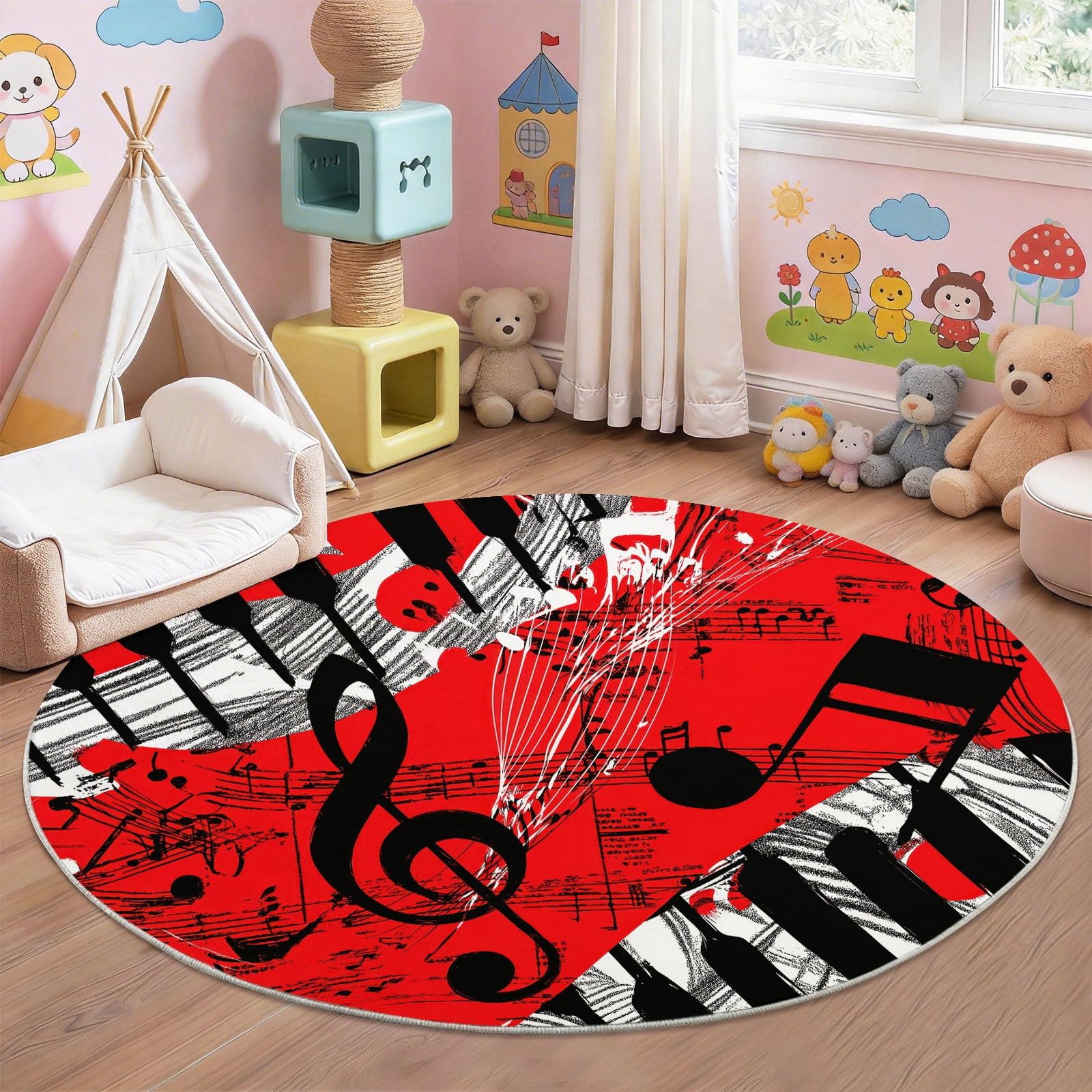 Tappeto rotondo Astratto Tasti Rossi Note Musicali Tasti Del Pianoforte Tappeti per soggiorno, antiscivolo, lavabile, per camera da letto, morbido tappeto stampato, per camera dei bambini, 100 cm