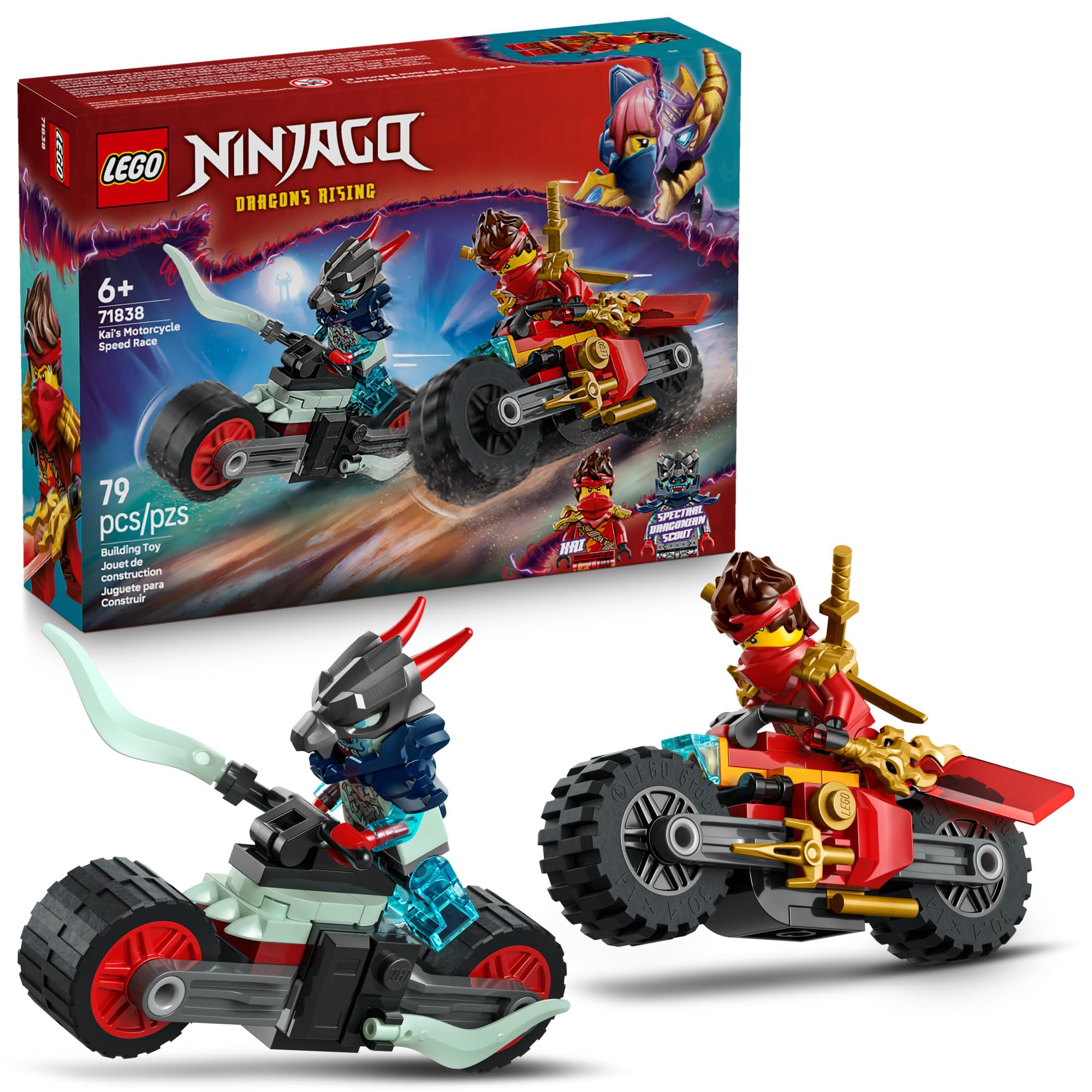 LEGO NINJAGO Kai's Motorcycle Speed Race Building Toy for Kids - Pretend Play Motorcycle Toy with 2 Minifigures - Building Blocks for Boys & Girls, Ages 6+ - Gift Idea for Birthdays - 71838