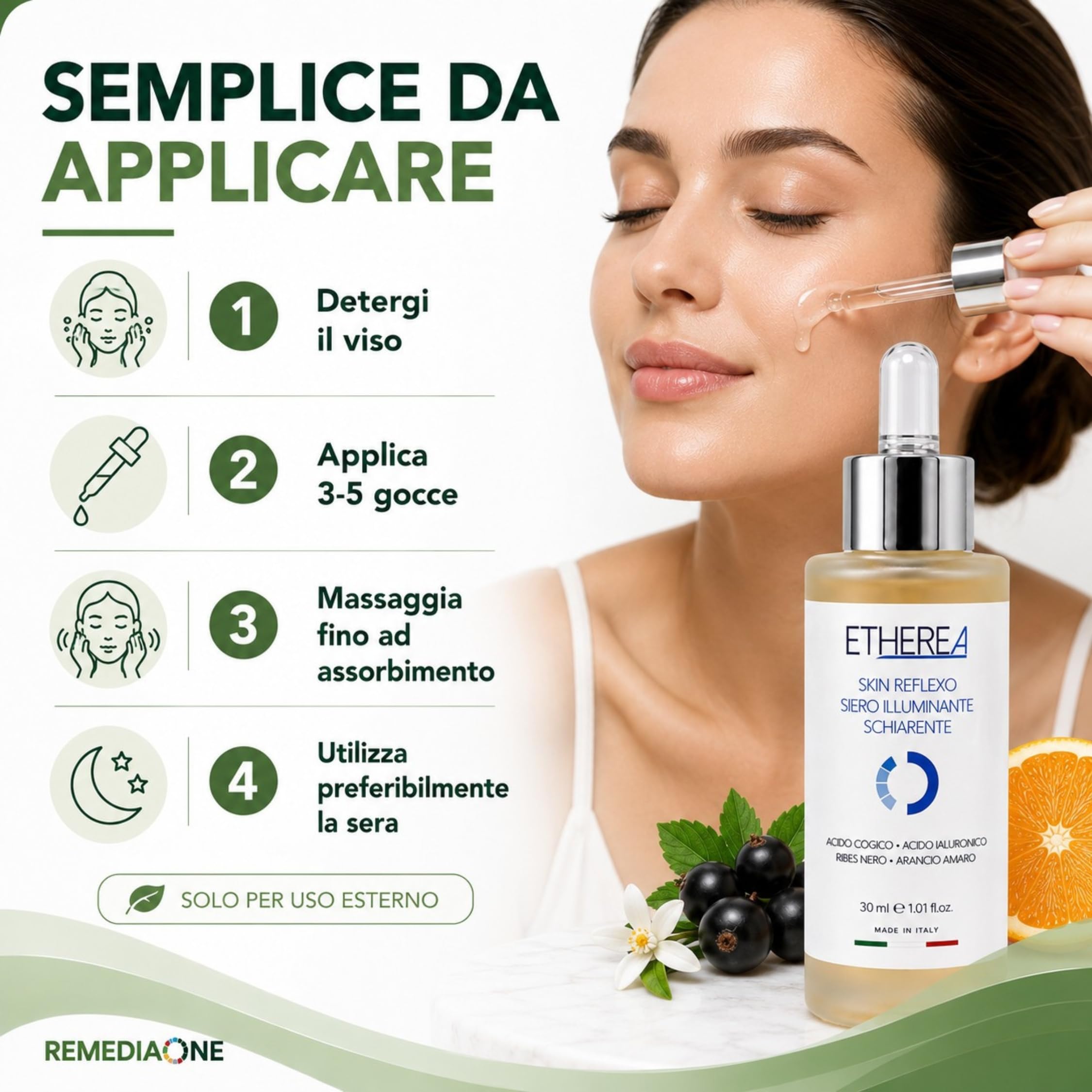 REMEDIA ONE Etherea Siero Viso Illuminante Schiarente Antimacchia, 30 ml | Illuminante Viso Antimacchia con Acido Cogico, Acido Ialuronico ed Estratti di Ribes Nero e Arancio Amaro, Nichel Tested