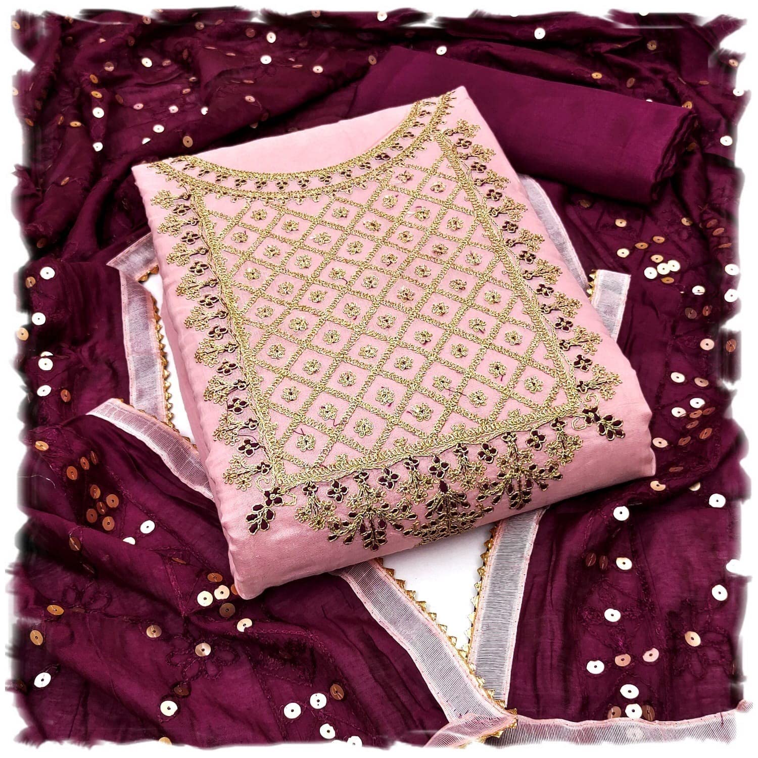 Y2YWomen's Heavy Cotton Embroidery Work Unstitched Salwar Suit Dress Material With Chanderi Work Dupatta (Free Size_Multi Color), Pink, Free Size