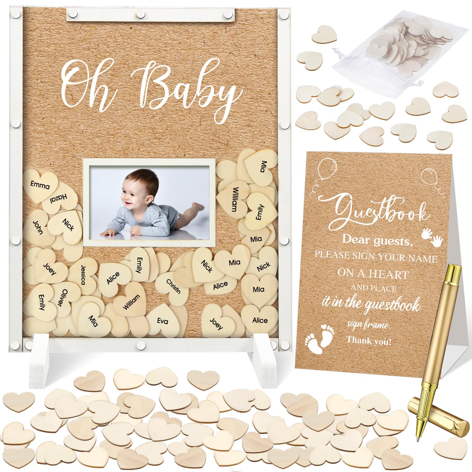 Thyle 65 Pcs Baby Shower Guest Book Alternative He or She Gender Reveal Favors Baby Shower Sign in Guest Book with 60 Wooden Hearts Picture Frame