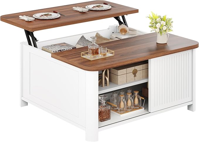 Lift Top Coffee Table with Storage, 31.5" Modern/Farmhouse Square Coffee Tables for Living Room, Large Hidden Storage Compartment, Adjustable Shelves & Sliding Door, White