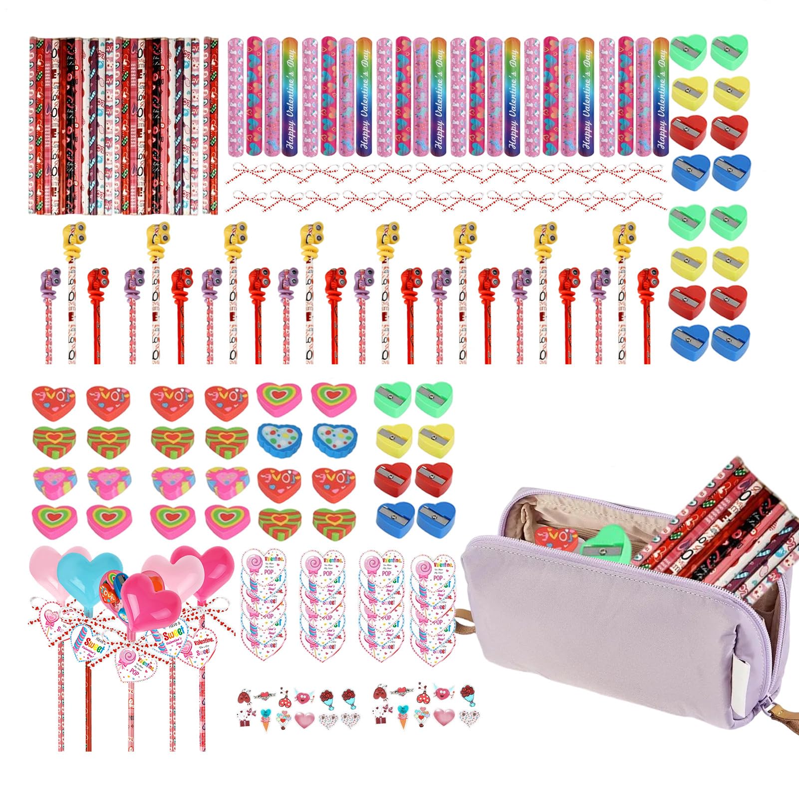 Set di cancelleria per San, cuore con adesivi, biglietti e matite, set di articoli di cancelleria per bambini, aula a San, per ragazze, studenti, idee regalo per feste