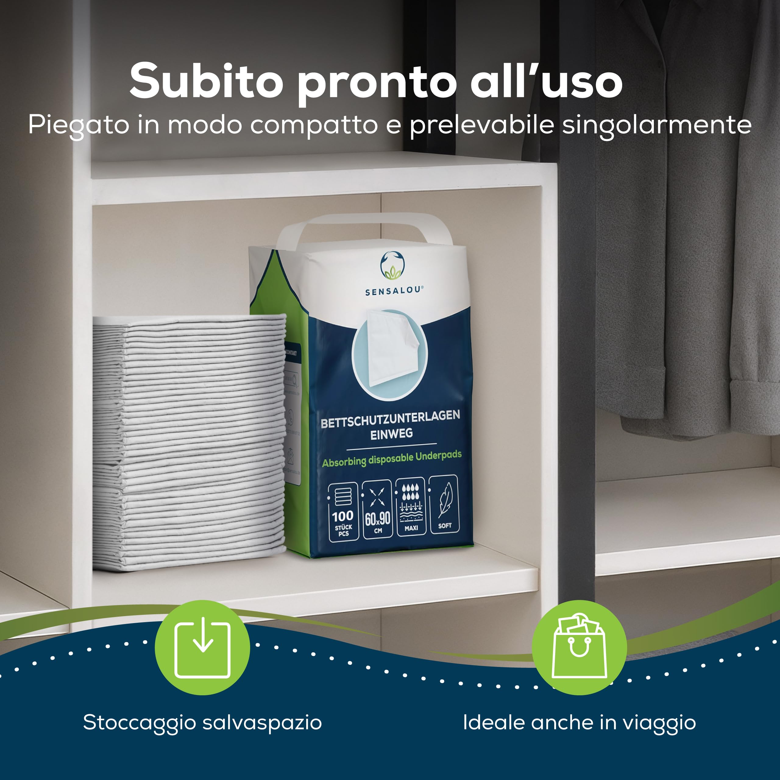 Sensalou Traversine Monouso 60x90 cm – 100 Pezzi – Traversine Assorbenti Impermeabili per Incontinenza, Anziani, Bambini, Animali, Letto, Assistenza Domiciliare, Cliniche, Protezione Igienica