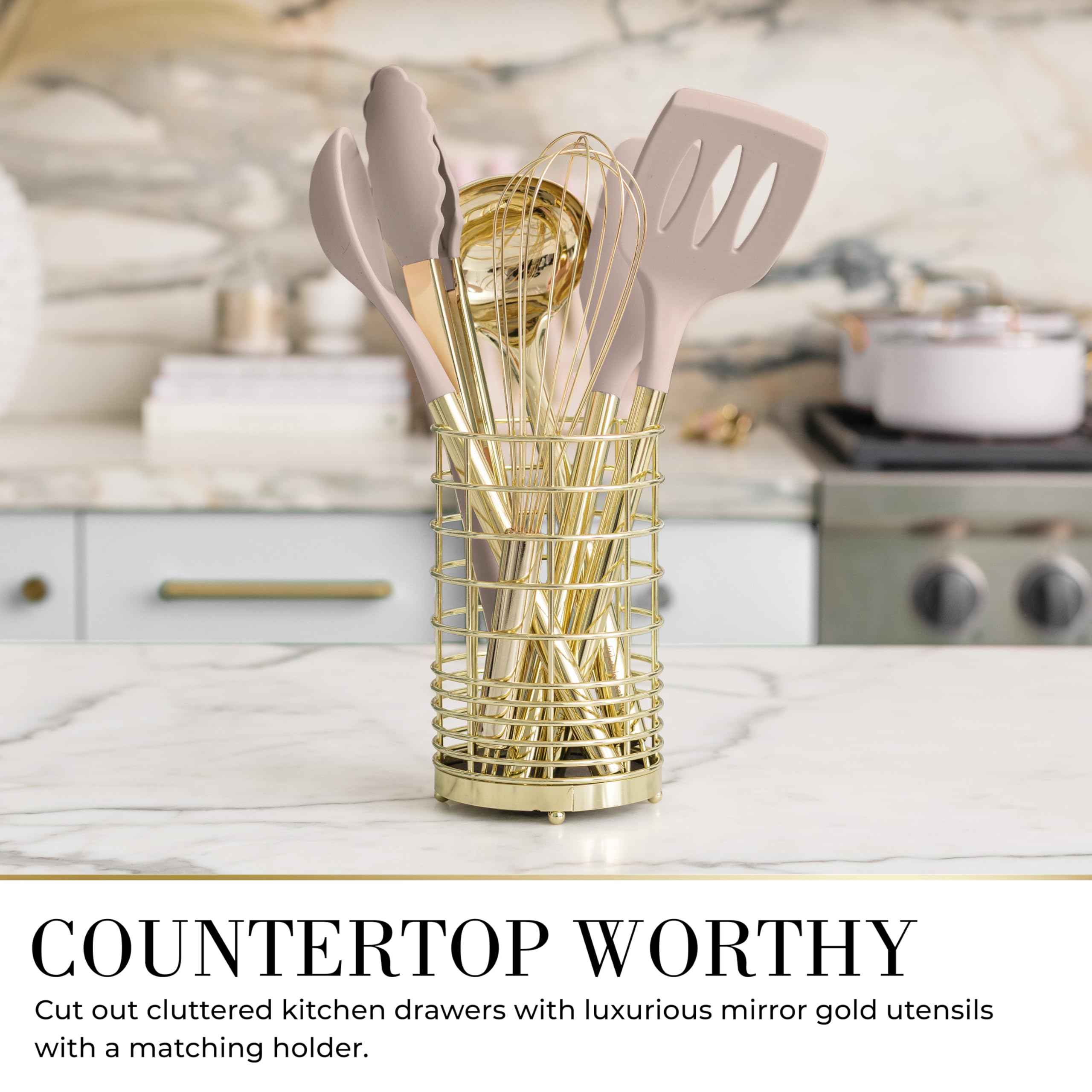Küchenutensilien-Set, 7-teilig, Beige und Gold, ungiftiges Silikon und Edelstahl, zum Kochen, Servieren und Hosting, ideal für antihaftbeschichtetes Kochgeschirr und moderne Küchen, mit goldfarbenem