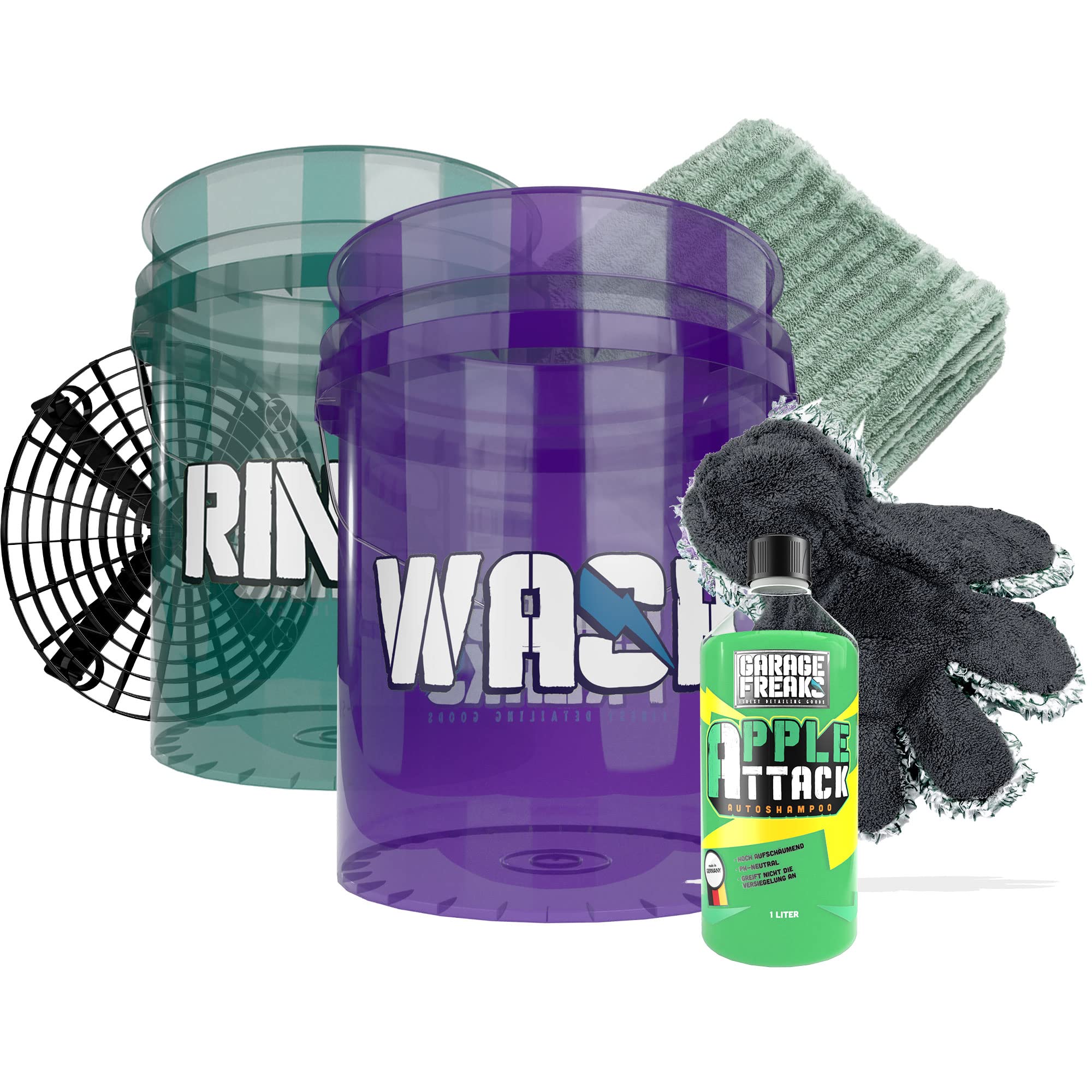 Autowäsche Premium Set - Garage Freaks Wascheimer "Wash" & "Rinse" 5 GAL mit GritGuard + Autoshampoo Apple Attack 1L + 5 Finger Waschhandschuh + Trockentuch 1300GSM - Car Shampoo für Handwäsche