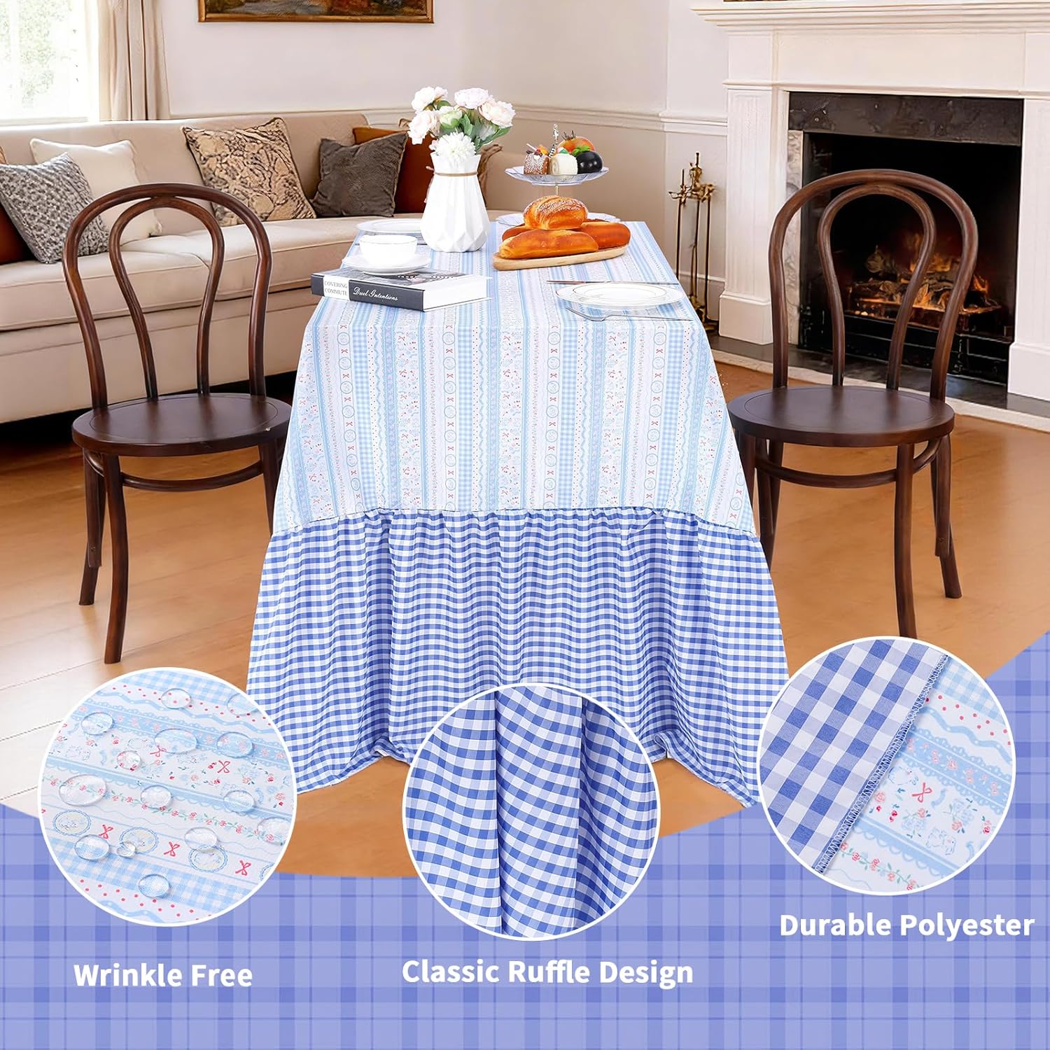 Easter Tablecloth Blue Rabbit Ruffle Table Cloth - 90 x 132 Inch Waterproof Tablecloths Rectangle Washable Polyester Bunny Flowers Table Cover for Birthday Wedding Dinner Picnic Party Decoration
