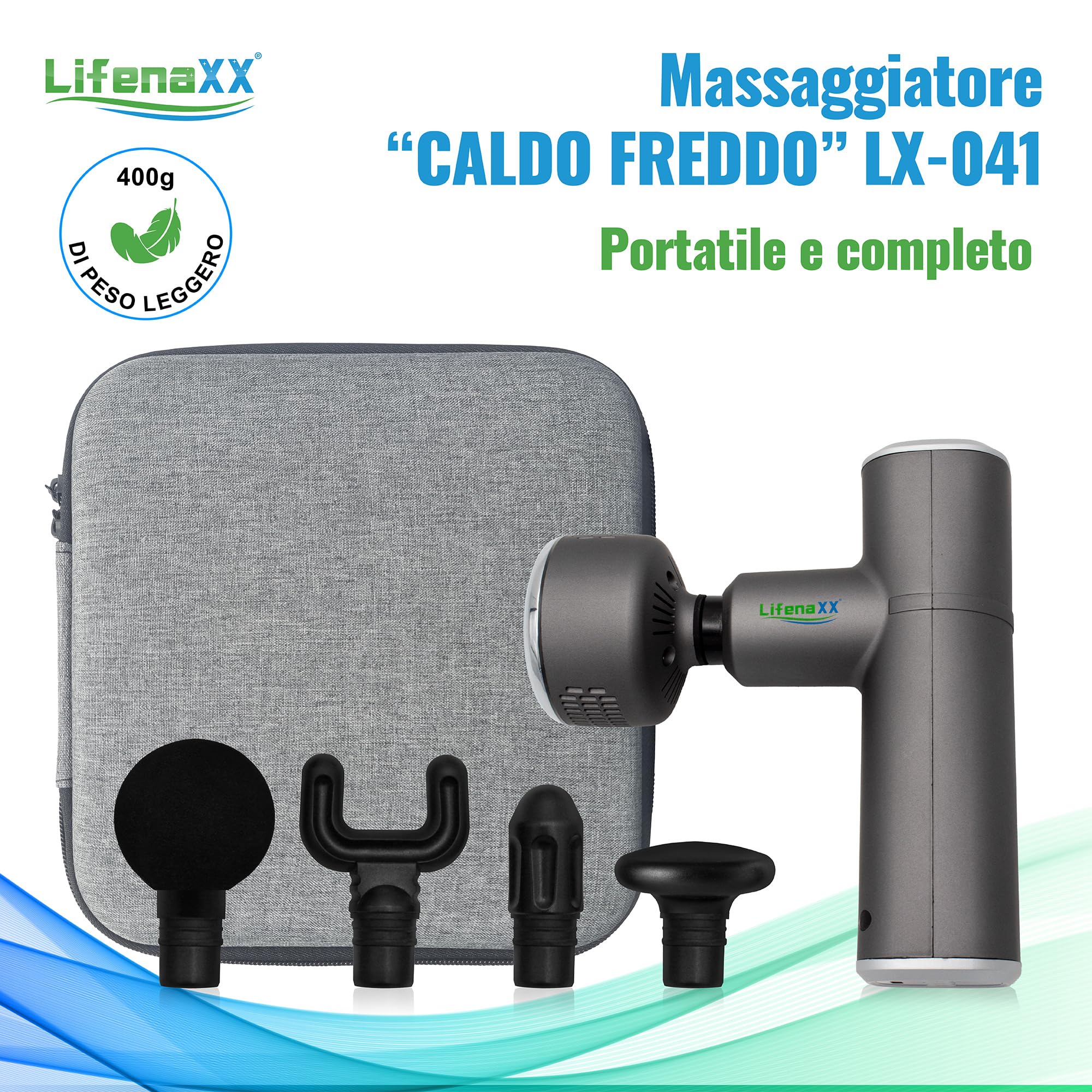LX-041, pistola per massaggi Lifenaxx per tessuti profondi, 3 livelli di riscaldamento e raffreddamento, 5 testine, 4 livelli massicci, ricarica USB, 2000 mAh - Mini massaggiatore portatile per corpo