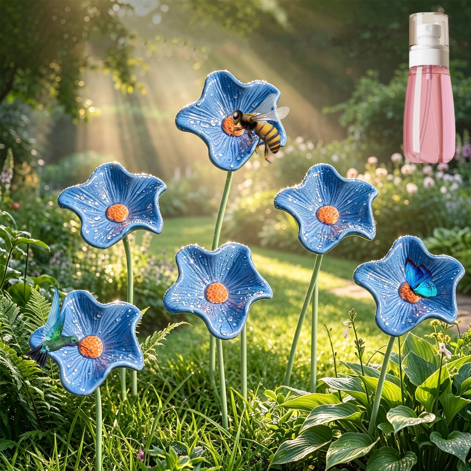 Handcrafted Ceramic Bee Watering Station, Colorful Flower Bee Drinking Cups for Garden, Butterfly Pollinator Water Station with Garden Stake, Outdoor Bee Feeder Decor for Yard & Porch (6pcs * blue)