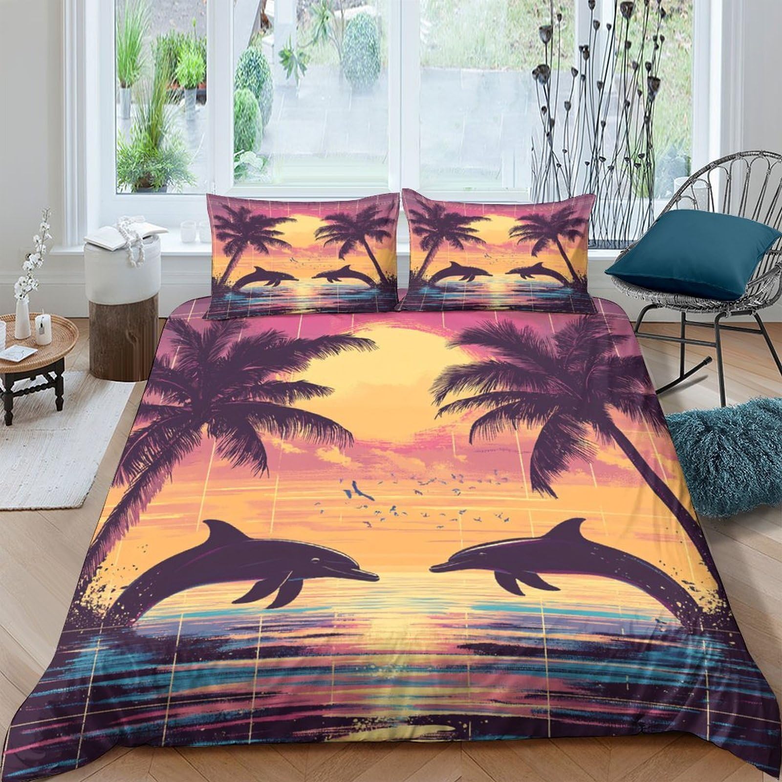 Ctjqhvkz Style-1 3D Printed Sunset Palm Fitted Sheet Microfiber Soft Dolphins Mattress Cover For Bedroom Guest Room Easy Care Decor Single（135X200cm）