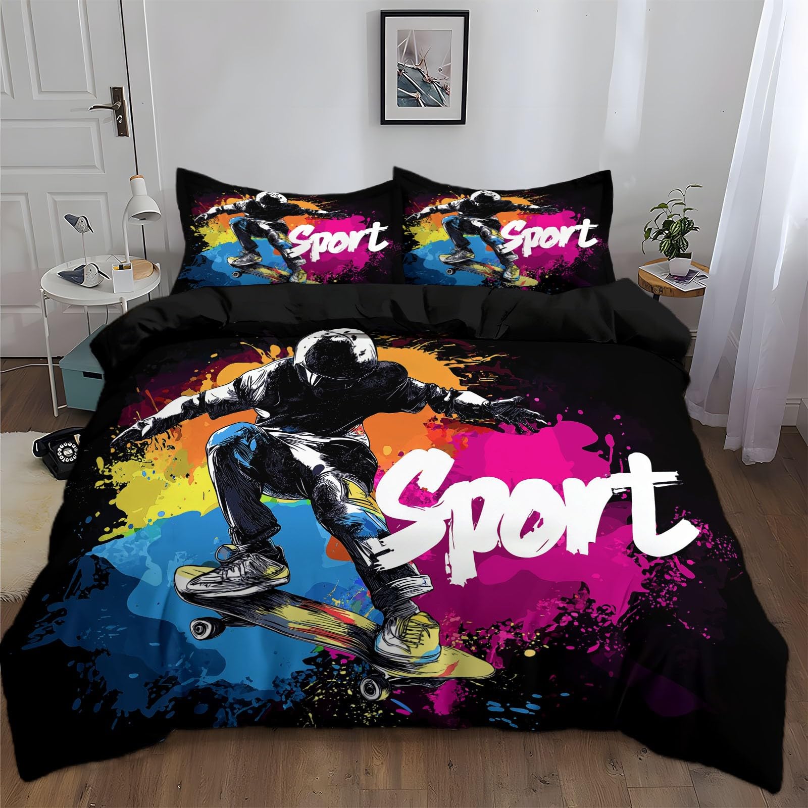 Parure de lit graffiti skateboard en microfibre brossée douce 240 x 260 cm noire