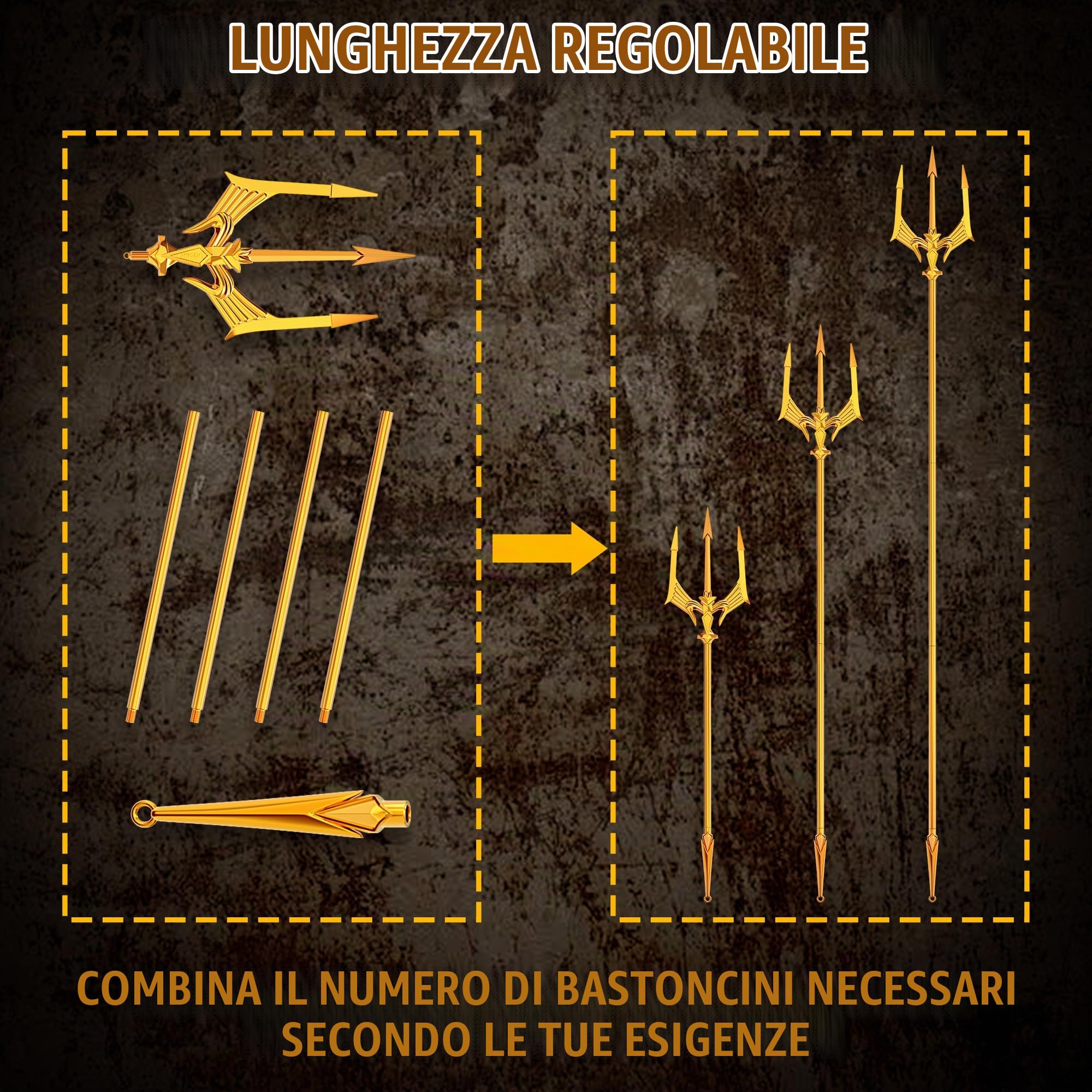 Lancia Tridente in Metallo 2 Metri di Lunghezza e Lunghezza Regolabile Costume Cosplay di Arma Poseidon a 3 Punte per Donna Adulta Uomo Festa di Carnevale di Halloween